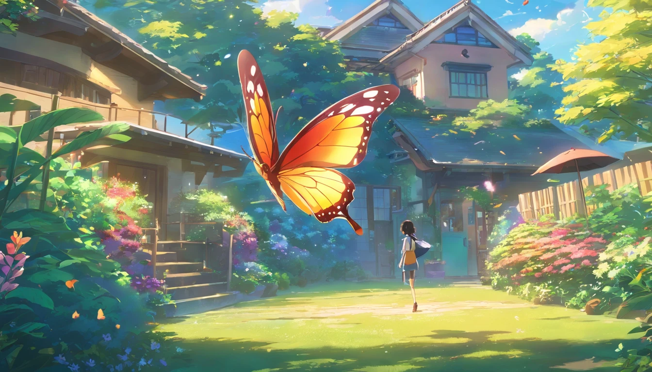 A rainbow butterfly flying in the garden before a house, very detailed, 4K realistic