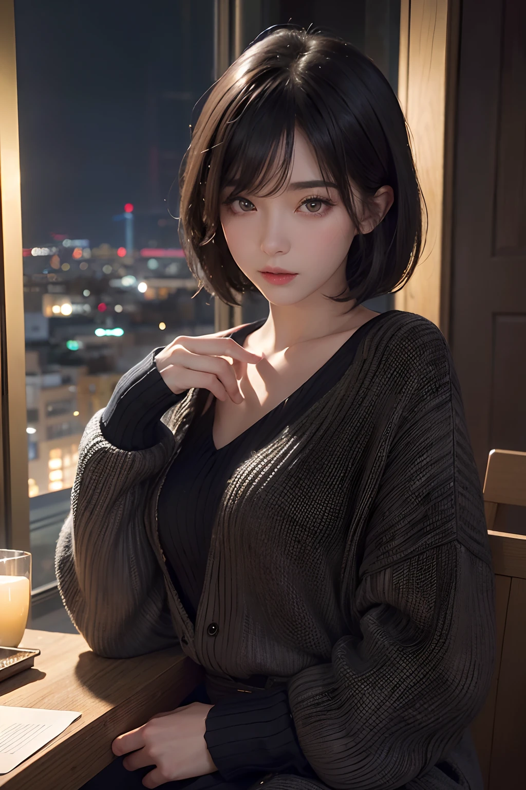 (masuter piece:1.3)、(8k、Photorealsitic、RAW Photography、top-quality: 1.4)、(1girl)、beautiful countenance、(lifelike face)、(A dark-haired、short-hair:1.3)、Beautiful hairstyle、realisticeyes、Beautiful details、（real looking skin）、Beautiful skins、（Sweaters）、absurderes、enticing、超A high resolution、A hyper-realistic、high-detail、the golden ratio、Kyoto cityscape at night