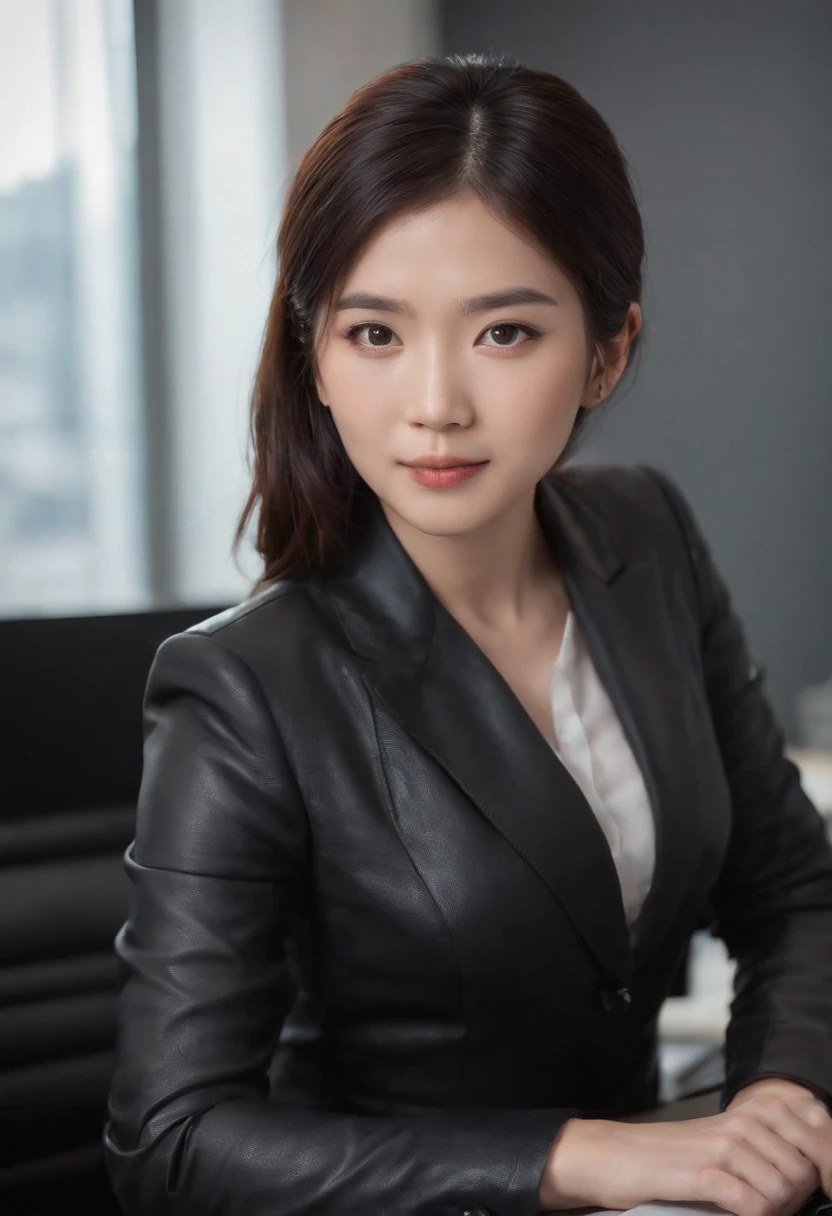 The upper body is covered with black leather gloves up to the fingertips in both hands. Black recruitment suit. Facing the desk in my room with a computer in the dark, I operate the computer keyboard while looking at the screen with the fingertips of the black leather gloves. Black hair bundled in the back for a long time. Look here, a very cute Japanese female new employee (the angle is in front view)