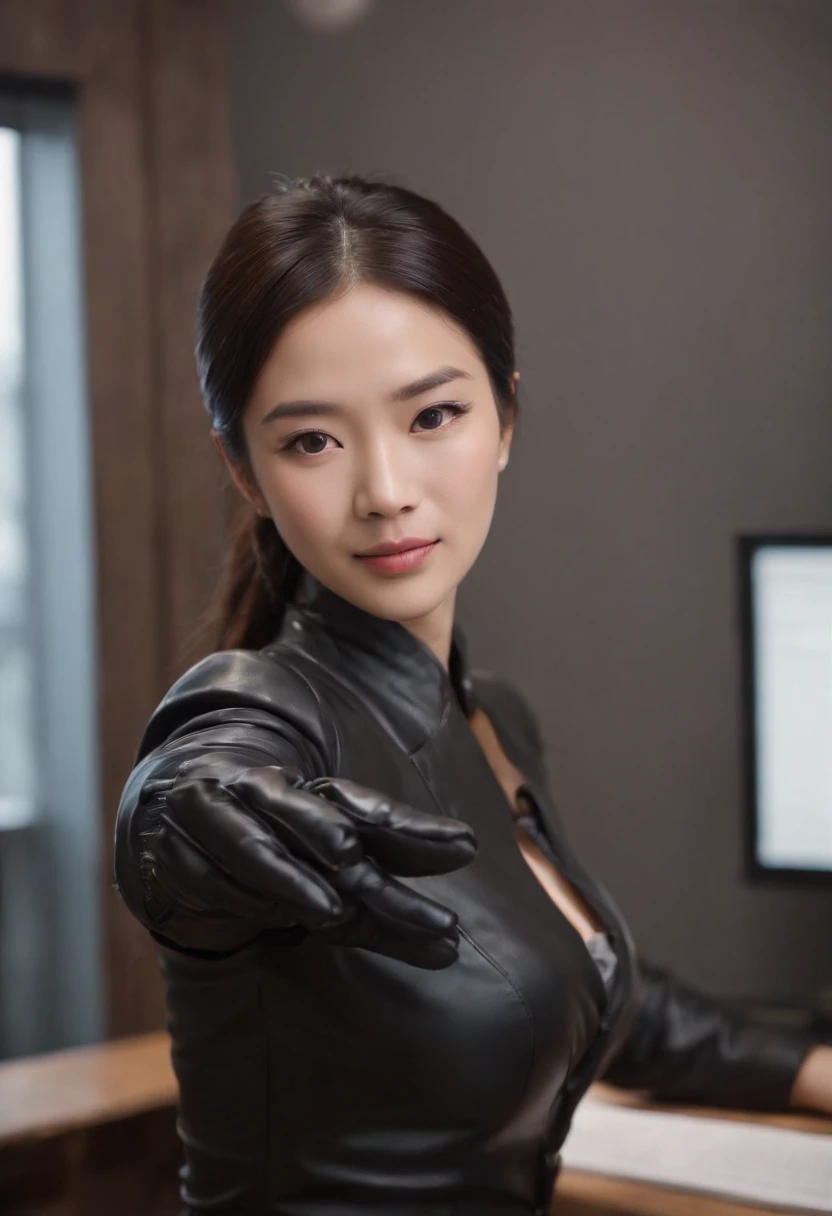 The upper body is covered with black leather gloves up to the fingertips in both hands. Black recruitment suit. Facing the desk in my room with a computer in the dark, I operate the computer keyboard while looking at the screen with the fingertips of the black leather gloves. Black hair bundled in the back for a long time. Look here, a very cute Japanese female new employee (the angle is in　front view)