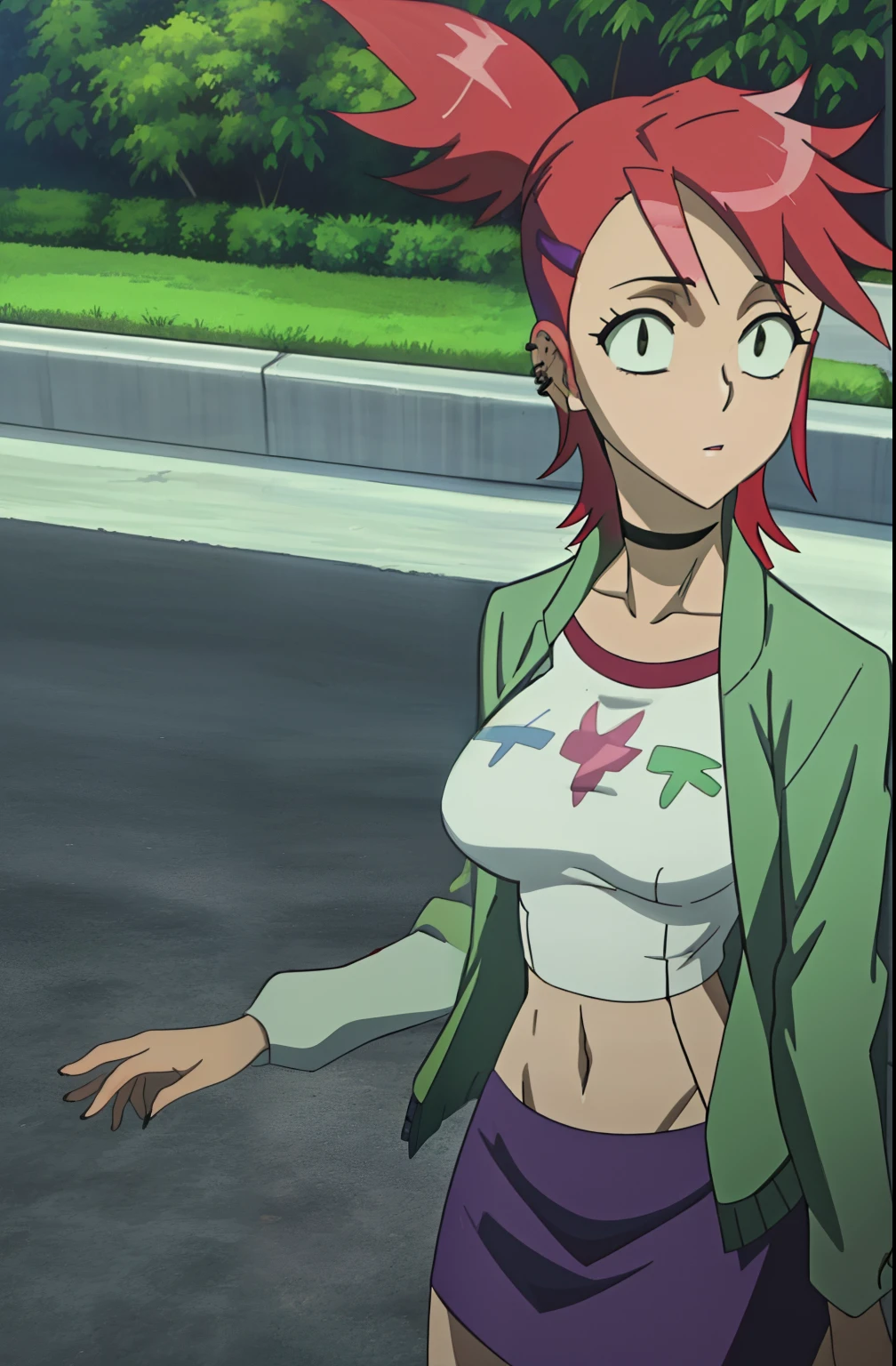 (masterpiece, best quality:1.2), ((((frankie foster,1.8)))) 1girl, breasts, solo, navel, piercing, skirt, ear piercing, ((((red hair1.2)))), (((large breasts))), black eyes, ((((green jacket)))), hair ornament, hairclip, midriff, jacket, choker, shirt, black choker, cropped shirt, purple skirt, white shirt, crop top, ponytail, long sleeves, jewelry, earrings, print shirt, open clothes, bangs, short hair, from above, close-up, outdoors, (detailed , detailed breasts)
  
(insanely detailed, beautiful detailed face, masterpiece, (((((((best quality)))))),(((anime screencap1.4)))highschoolofthedead