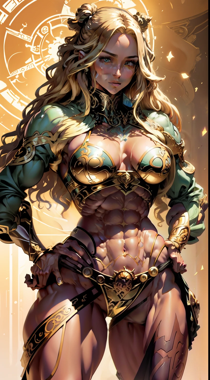 Art nouveau, tarot card, (masterpiece), long blonde hair, beautiful woman, abs, (muscular chest), large breasts, hands on hips, muscular arms, muscular woman, facing directly forwards, masterpiece, gold trim, the sun, thighs, abs, wide hips, esoteric geometry