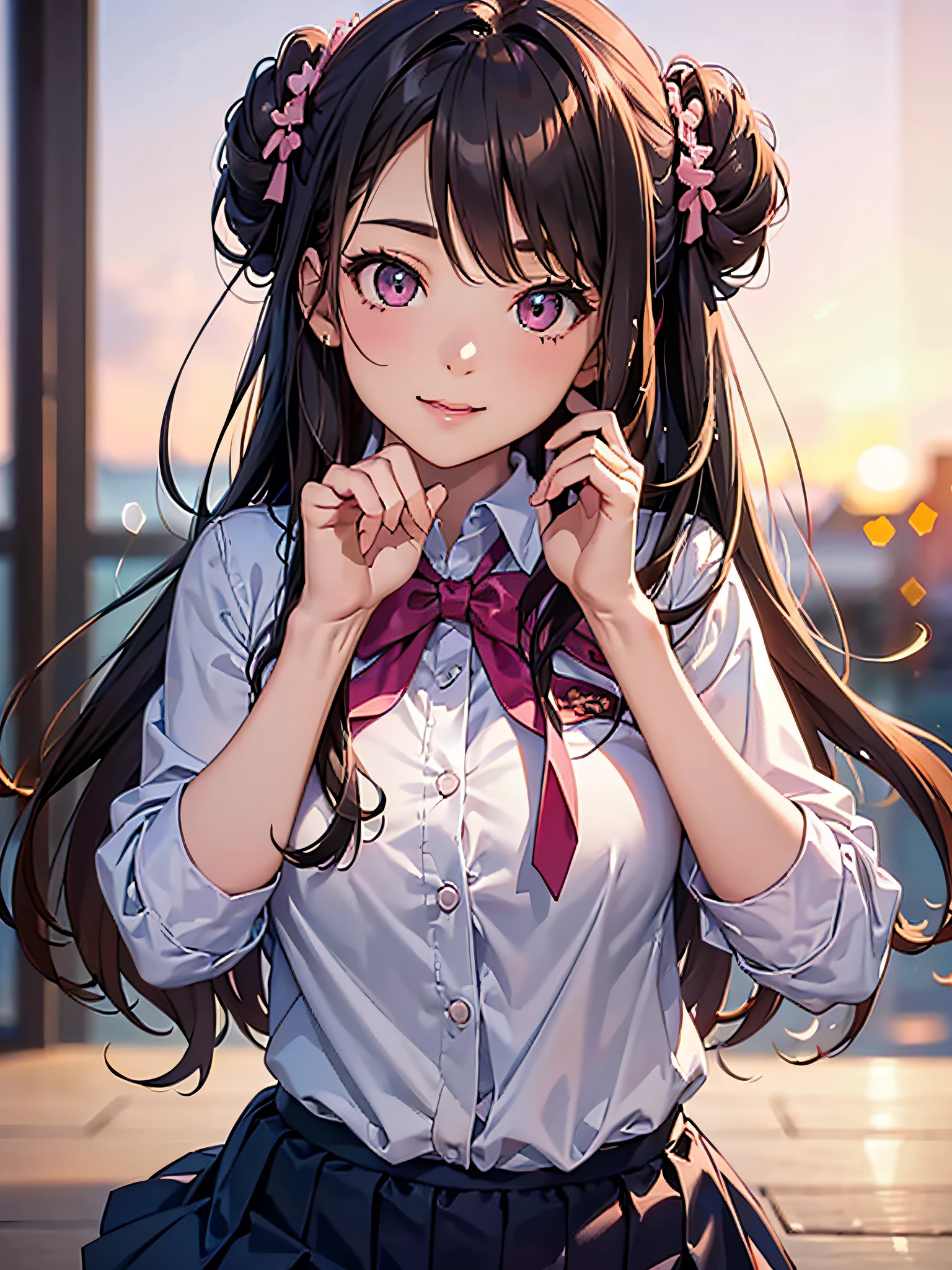 (2young girls), (highly detailed Beautiful face), Amazing face and eyes, (Best Quality:1.4), (Ultra-detailed), (extremely detailed CG unified 8k wallpaper), Highly detailed, High-definition raw color photos, Professional Photography, Realistic portrait, Amazing face and eyes, Pink eyes, (hi-school uniform, pleated mini skirt:1.3), Double buns, brown hair, model, smile shyly, (pink underwear:1.3), (((Bokeh))), depth of fields, depth of fields, beach, twilight, sunset,