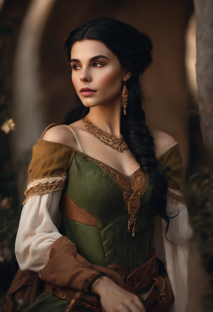 an elf bard of 18 years, black hair, fair skin, woman