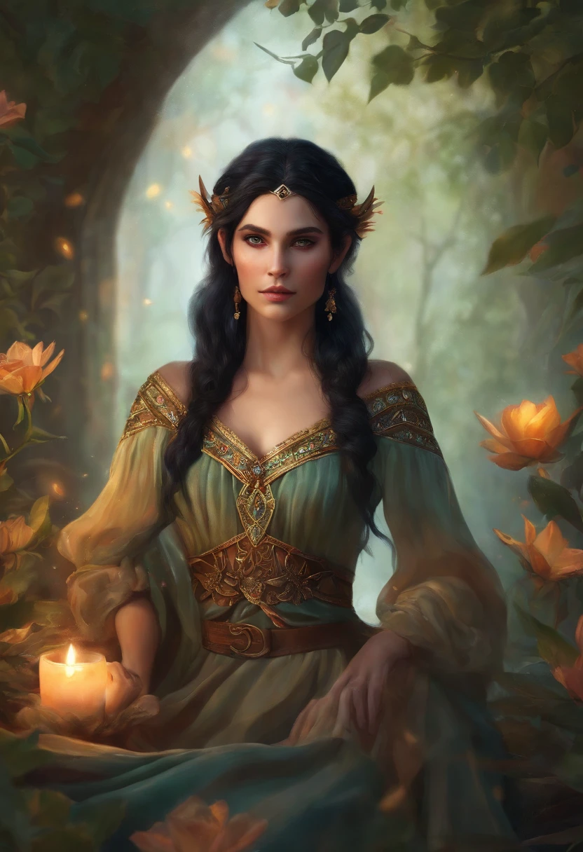 an elf bard of 18 years, black hair, fair skin, woman