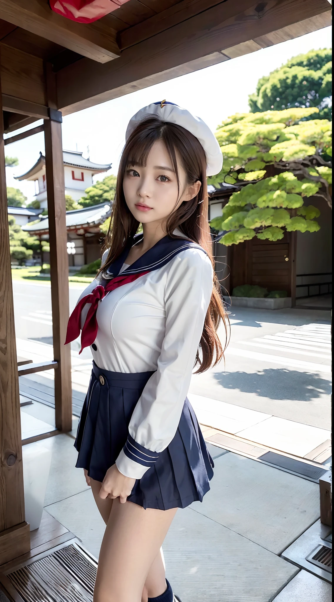 mix4, (16 K, Raw photography, Top image quality, ​masterpiece: 1.45), (realisitic, Photorealsitic: 1.37), one girls, 7．5, etc、Random hairstyle、Standing figure，Noon time slot、cute little, Precincts of the shrine,, profetional lighting, photon maping, a park、physically-based renderingt, Gradient dark brown hair,, a handsome, Well-groomed and beautiful eyes、Large double eyelids、Very shiny、girl with, (((student clothes、Long sleeve sailor suit worn by Japan schoolgirl、red cuffs、Dark blue mini skirt, Small gray beret、Dark blue knee-high socks、Black loafers))), Top Quality Photos, hight resolution, 1080p, (clearface), (Detailed face description), (Detailed hand description), (​masterpiece), (Exquisite CG)、extreme light and shadows、dishevled hair、master work、abundant detail、(Fine facial features)、(top quality photo)、(masuter piece)、(A detailed eye)、Look in front of you、Fine clavicle、((Slender big))、(((Japan schoolgirl in long-sleeved sailor suit)))、((Ready Idol System))、((Precincts of the shrine、torii gate、Tesuisha、Komainu))、(Shooting from random perspectives)、(((Anyway cute)))、耳Nipple Ring、A big smile、Drawing the whole body from the knees、Do not draw nasolabial folds、(((Long-sleeved sailor suit)))、(Big breasts that hang down big:1.2)、Big buttocks with tension、Two arms and two legs、(((from the front side:0.7)))、bare hand、No mask、