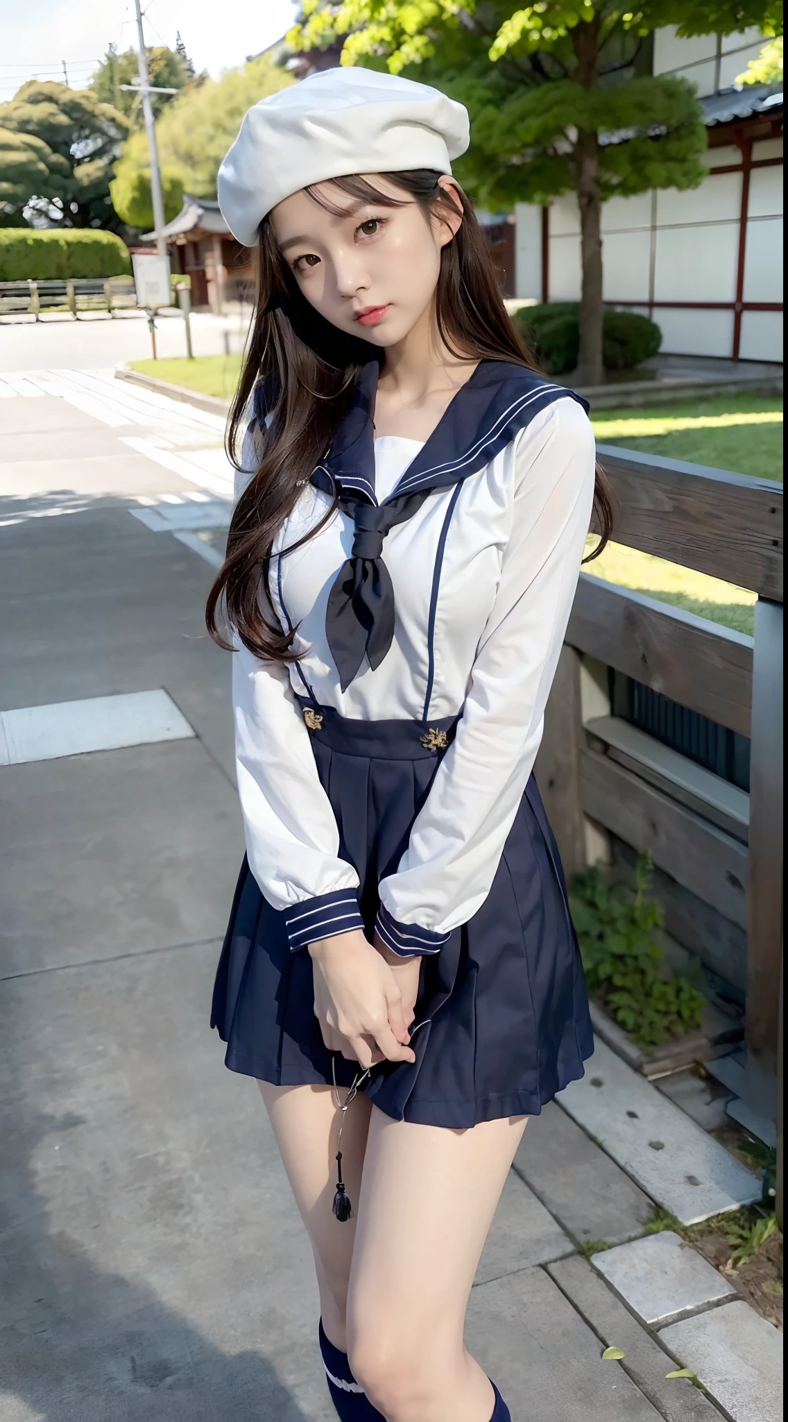mix4, (16 K, Raw photography, Top image quality, masterpiece: 1.45), (realisitic, Photorealsitic: 1.37), one girls, 7.5, etc、Random hairstyle、Standing figure,Noon time slot、cute little, Precincts of the shrine,, profetional lighting, photon maping, a park、physically-based renderingt, Gradient dark brown hair,, a handsome, Well-groomed and beautiful eyes、Large double eyelids、Very shiny、girl with, (((student clothes、Long sleeve sailor suit worn by Japan girl、red cuffs、Dark blue mini skirt, Small gray beret、Dark blue knee-high socks、Black loafers))), Top Quality Photos, hight resolution, 1080p, (clearface), (Detailed face description), (Detailed hand description), (masterpiece), (Exquisite CG)、extreme light and shadows、dishevled hair、master work、abundant detail、(Fine facial features)、(top quality photo)、(masuter piece)、(A detailed eye)、Look in front of you、Fine clavicle、((Slender big))、(((Japan schooln long-sleeved sailor suit)))、((Ready Idol System))、((Precincts of the shrine、torii gate、Tesuisha、Komainu))、(Shooting from random perspectives)、(((Anyway cute)))、耳Nipple Ring、A big smile、Drawing the whole body from the knees、Do not draw nasolabial folds、(((Long-sleeved sailor suit)))、(Big breasts that hang down big:1.2)、Big buttocks with tension、Two arms and two legs、(((from the front side:0.7)))、bare hand、No mask、