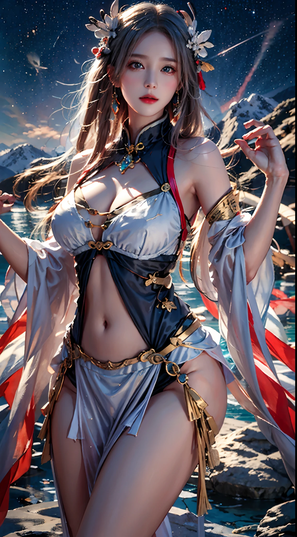 photorealistic, high resolution, soft light, 1women, solo, hips up, dynamic pose, shining skin, jewelry, full hanfu, starry, mountain view,