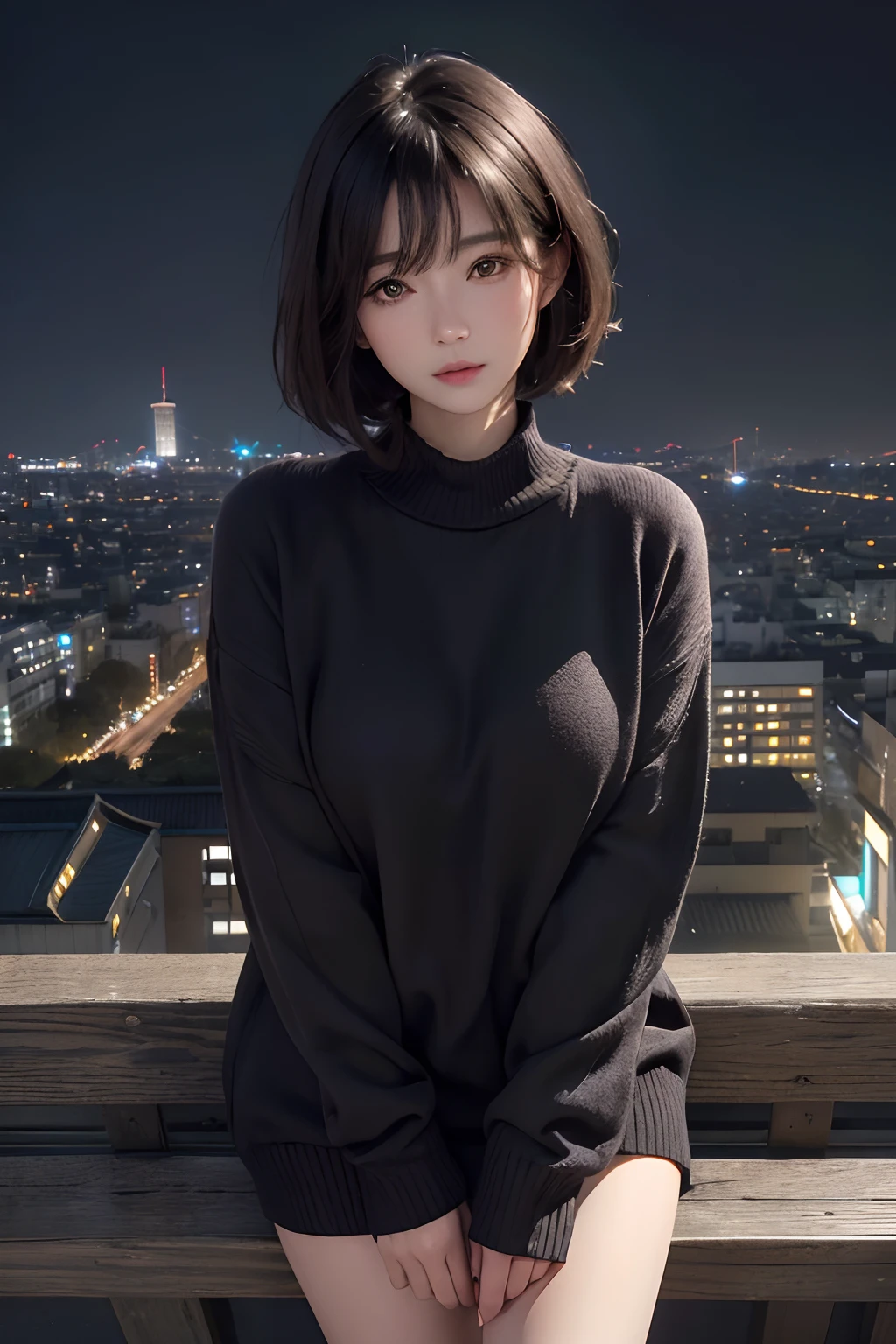 (masuter piece:1.3)、(8k、Photorealsitic、RAW Photography、top-quality: 1.4)、(1girl)、beautiful countenance、(lifelike face)、(A dark-haired、short-hair:1.3)、Beautiful hairstyle、realisticeyes、Beautiful details、（real looking skin）、Beautiful skins、（Sweaters）、absurderes、enticing、超A high resolution、A hyper-realistic、high-detail、the golden ratio、Kyoto cityscape at night
