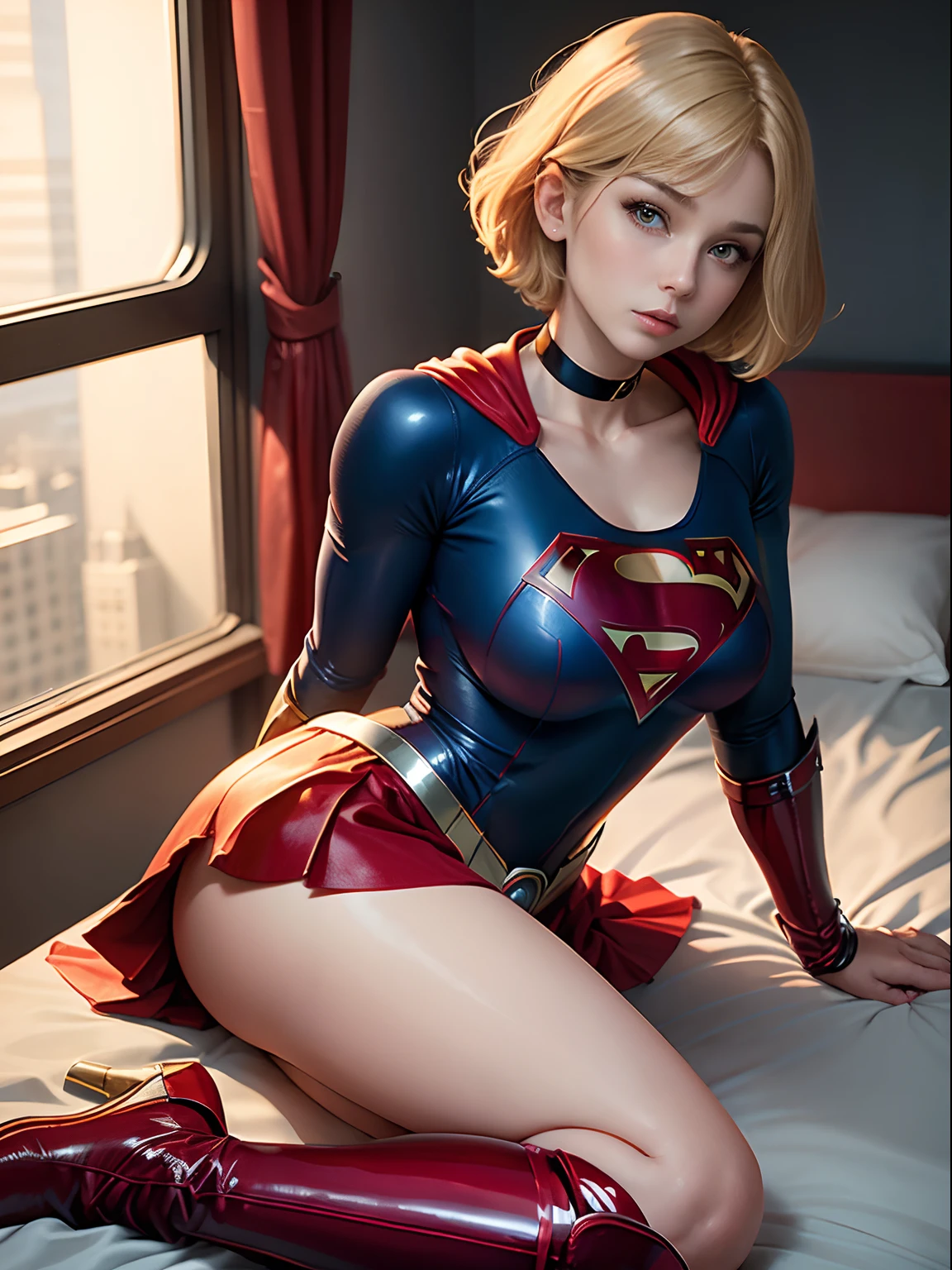 masterpiece、Short-haired Supergirl lying on hospital bed with legs crossed、large full breasts、Looking at the camera、Glossy enamel costume、Glossy red enamel long boots、Shiny red skirt、Glossy blue bondage、a choker、looking left