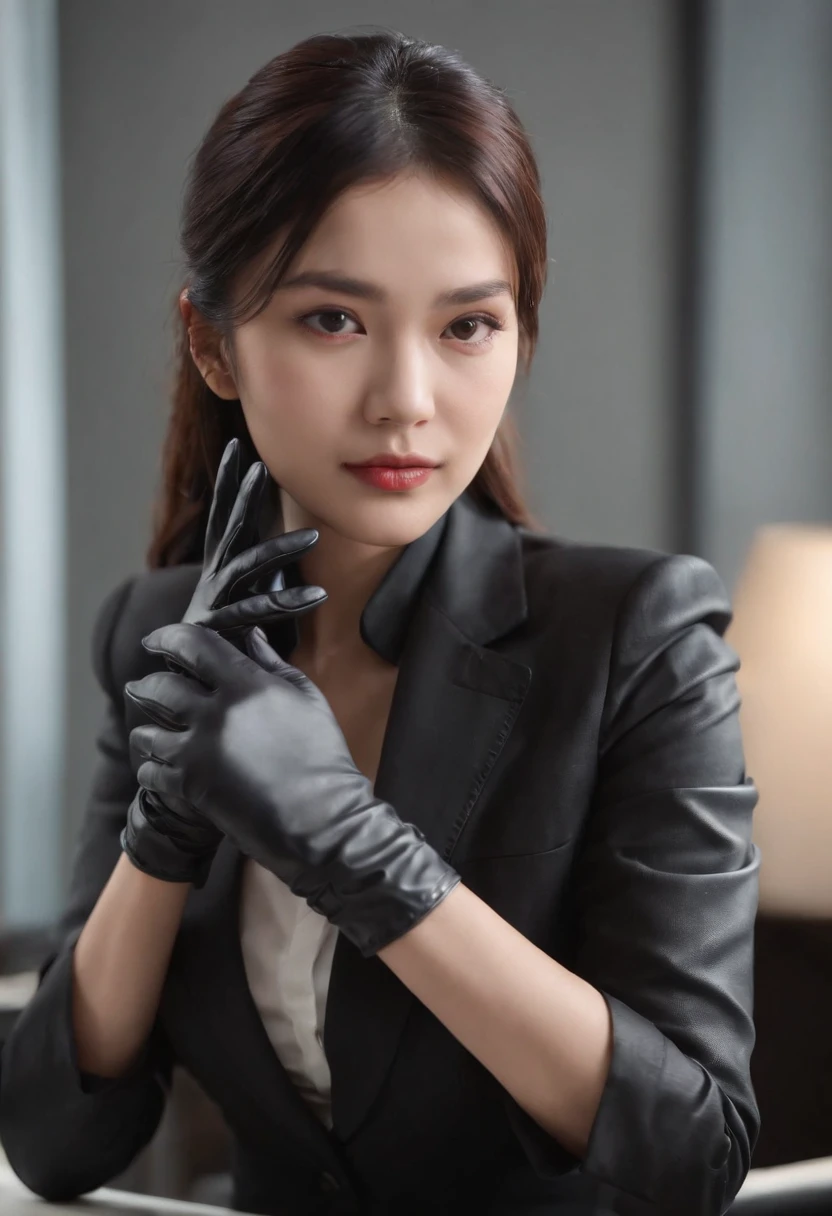 The upper body is covered with black leather gloves up to the fingertips of both hands. Black Recruitment Suit. Facing the desk in my room with a computer in the dark, Operate the computer keyboard while looking at the screen with the fingertips of black leather gloves. Black hair was tied back for a long time. Look here, Very cute Japan female new employee (The angle is Front view)