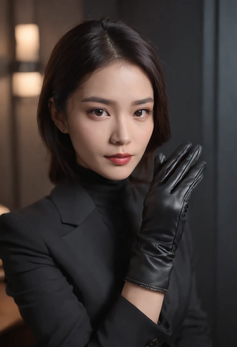 The upper body is covered with black leather gloves up to the fingertips of both hands. Black Recruitment Suit. Facing the desk in my room with a computer in the dark, Operate the computer keyboard while looking at the screen with the fingertips of black leather gloves. Black hair was tied back for a long time. Look here, Very cute Japan female new employee (The angle is Front view)