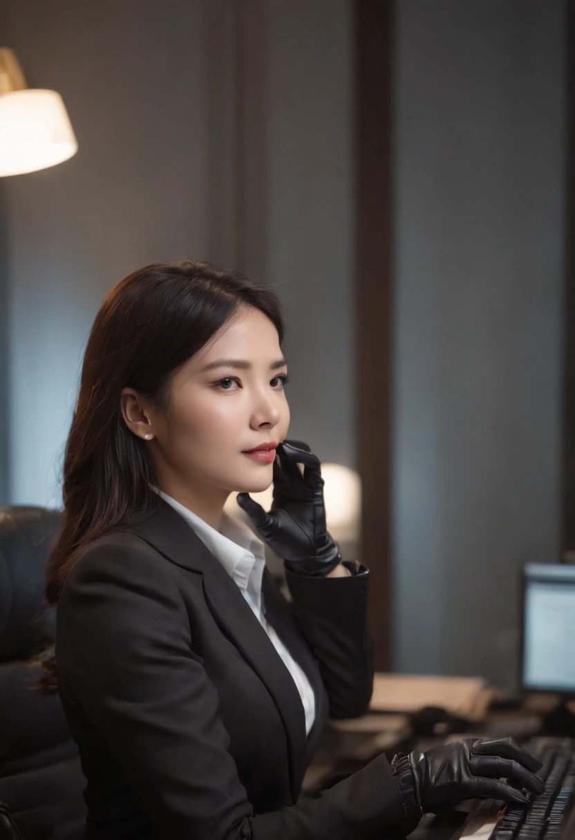 The upper body is covered with black leather gloves up to the fingertips of both hands. Black Recruitment Suit. Facing the desk in my room with a computer in the dark, Operate the computer keyboard while looking at the screen with the fingertips of black leather gloves. Black hair was tied back for a long time. Look here, Very cute Japan female new employee (The angle is Front view)