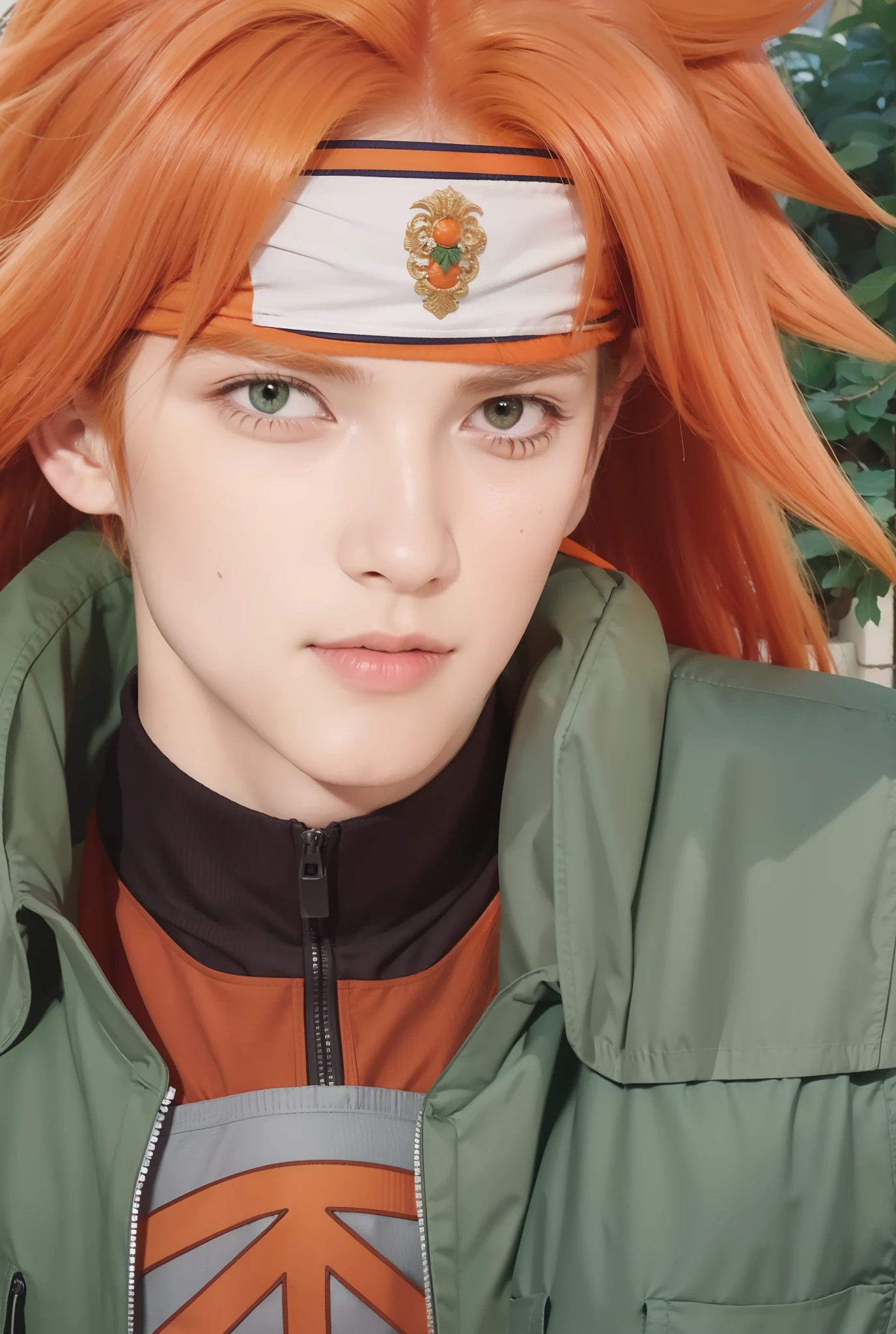 Real life adaption of this character, handsome man, realistic long spiky orange hair , realistic outfit wearing thick green vest, realistic light, realistic shadow, hyper realistic, realism,(photorealistic:1.2),wear orange headband