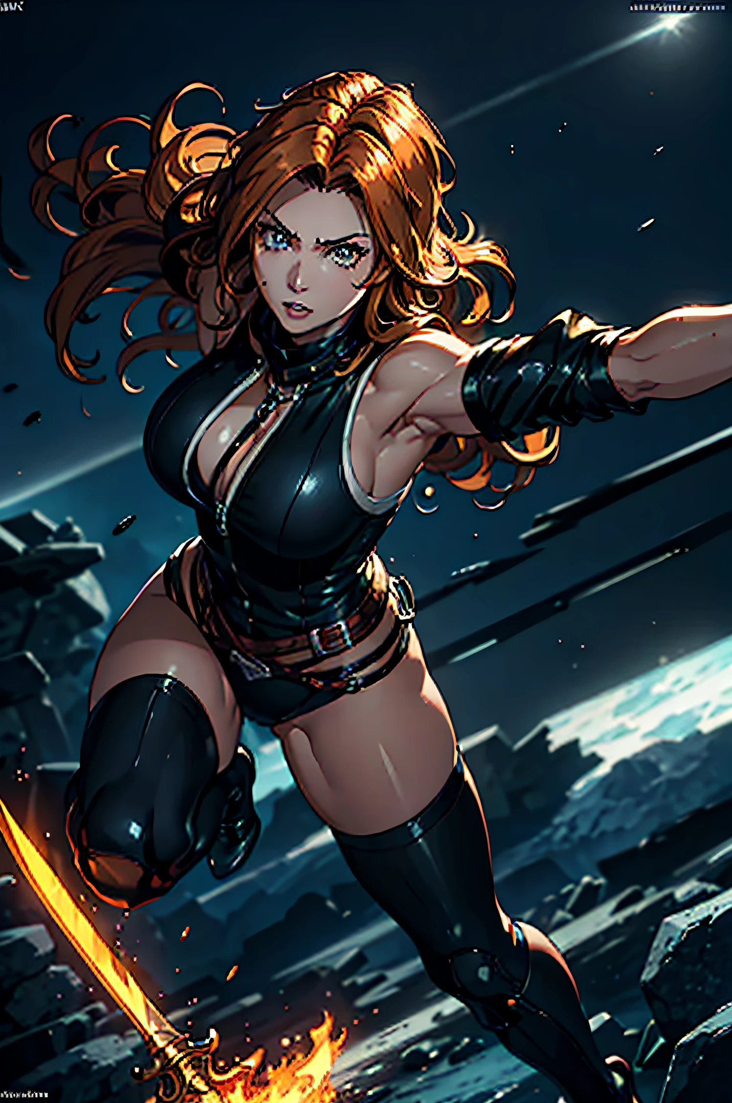 A superheroine wearing skimpy outfit, sleeveless, long hair, flying, wielding daggers, no cape, no mask, dynamic pose, 3d, (8k), detailed texture,(hyperdetailed), (photo realistic), cinematic light, cinematic action, highly detailed, realistic, Isometric, full body, in frame, driven expression, dark theme, (extremely detailed eyes), detailed symmetric realistic face, extremely detailed natural texture, masterpiece, extremely detailed, amazing, fine detail, rich colors, hyper realistic lifelike texture, dramatic lighting, unreal engine, trending on art station, photo realistic, RAW photo, high quality, high res, sharp focus, extremely detailed, cinematic lighting, 8k, high definition, cinematic, neoprene, unreal engine 5, ultra sharp focus