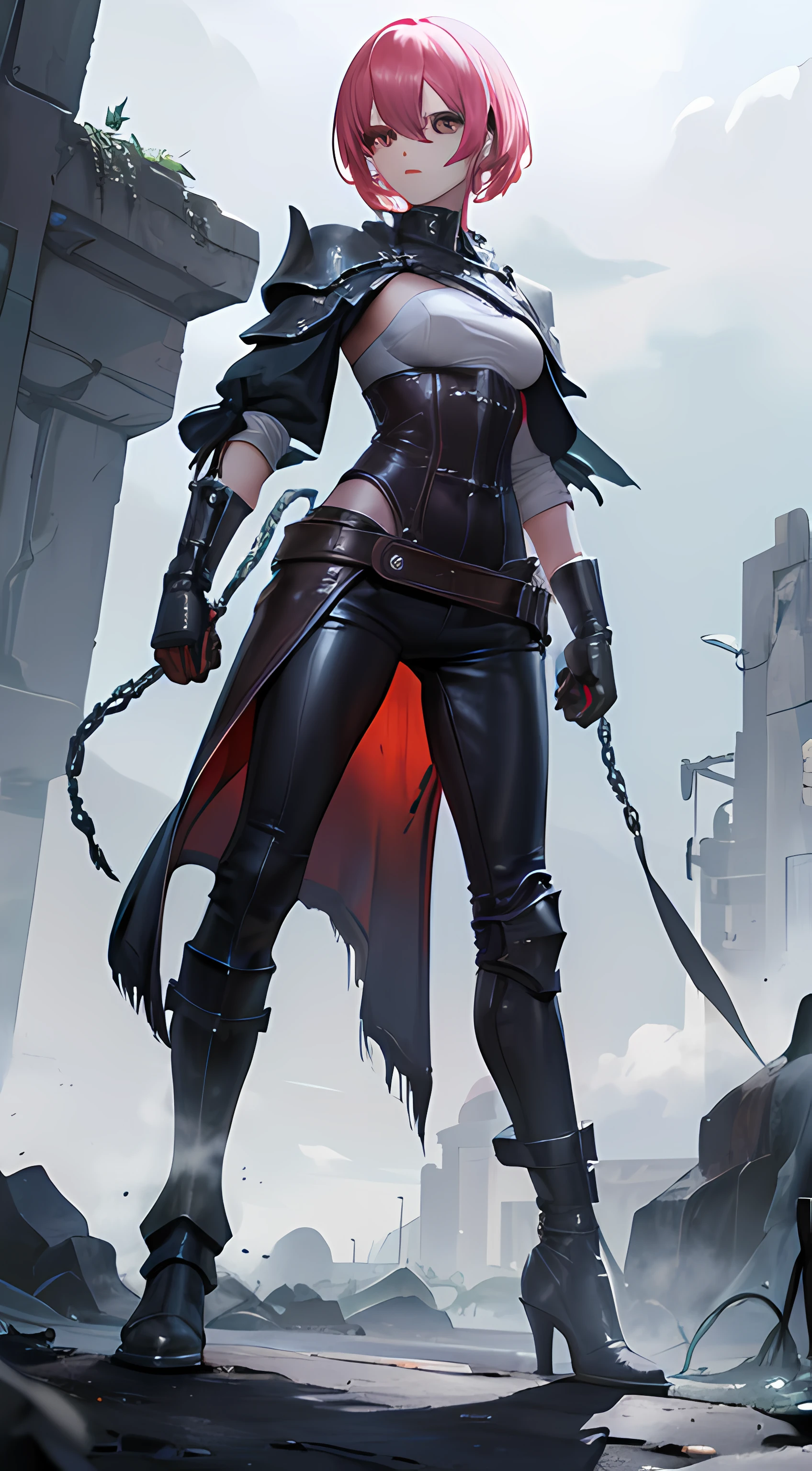 (combatente, corpo definido, metal gloves, caneleiras de metal, botas de couro, cabelos brancos, capa preta, serious look, illustration, alta qualidade, ultra-detalhado, realistic lighting, vivid colors, leather pant, epic scenery, Looking at camera, aura laranja em volta, coxas grandes, olhos vermelhos