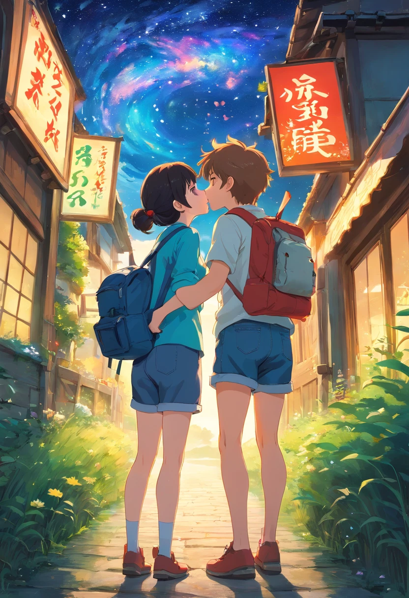 The vast starry sky, the beautiful skyline, the vast grassland, extremely tense and dramatic pictures, the moving visual effects, the high-hanging Polaris, and colorful natural light. A long-sleeved top, Denim shorts, And a girl with a backpack, long sleeved shirt, Denim jeans, And a boy with a backpack, two hand, Kissing, a couple, Koi, Lip kiss.
