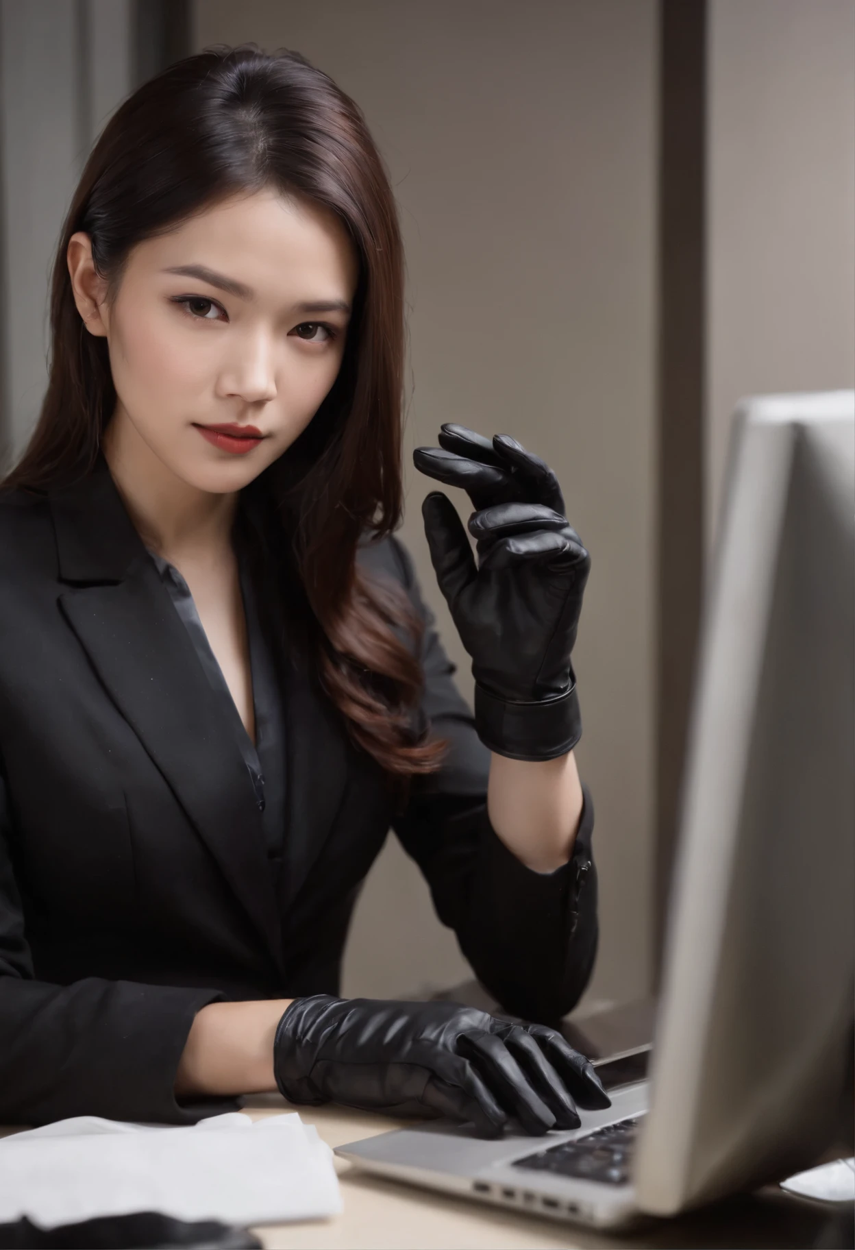 The upper body is covered with black leather gloves up to the fingertips of both hands. Black Recruitment Suit. Facing the desk in my room with a computer in the dark, Operate the computer keyboard while looking at the screen with the fingertips of black leather gloves. Black hair was tied back for a long time. Look here, Very cute Japan female new employee (The angle is　Front view)