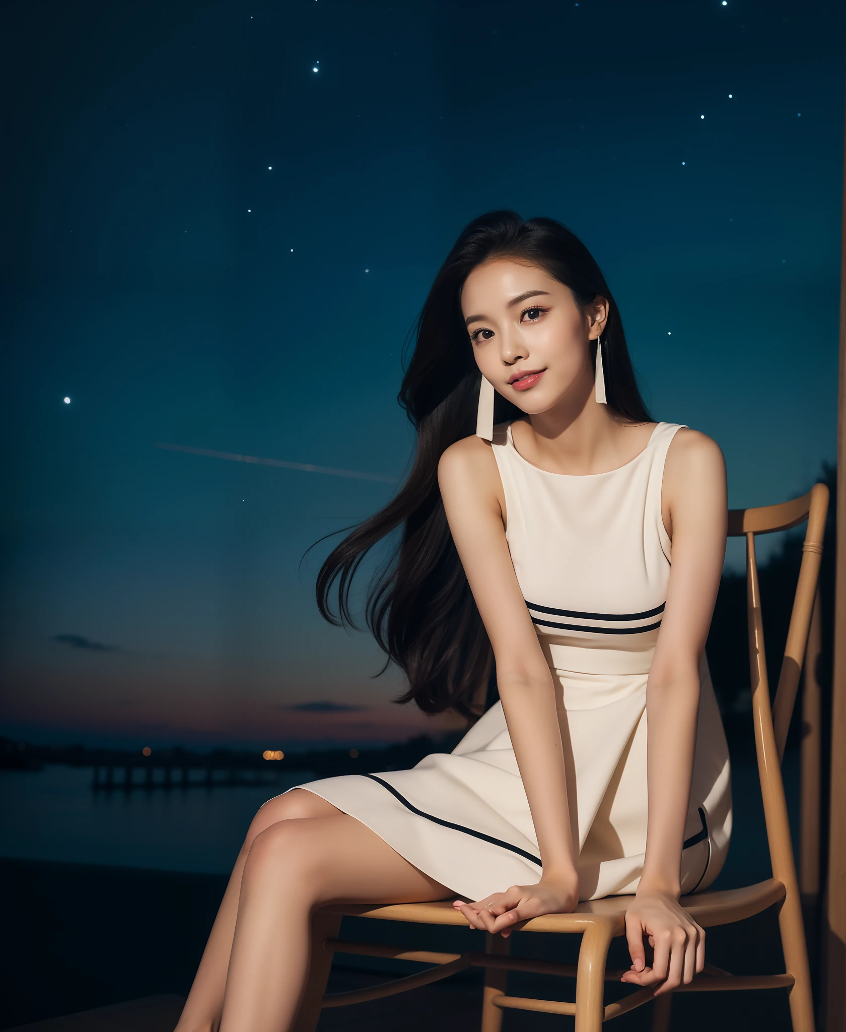 ((of the highest quality, 8K, masutepiece: 1.3)), Beauty, purity, Melon face, gentle and cute, Sweet smile, pure lust, Slender body, (Face looking up at the sky), (tilt head), Pattern Color Dress, Long Black Hair, Flowing long shoulders, Big round black eyes, Big clear eyes, Moist red lips, Dolce, Sitting on a chair, Night view, background in a hotel, (((Full body))),