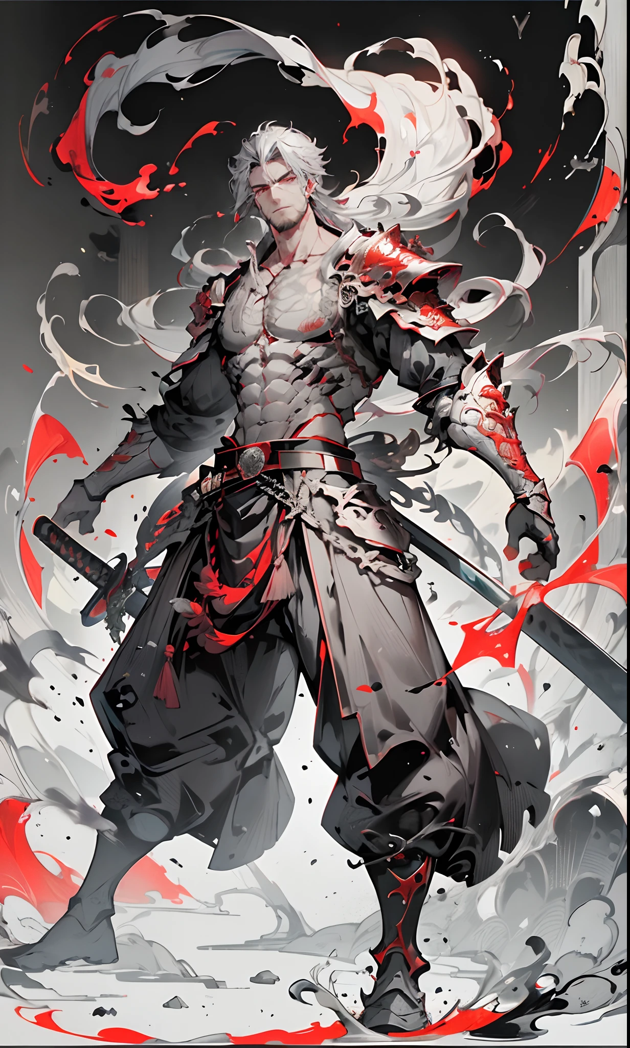 1boy, weapon, male focus, , long hair, , , holding sword, , , standing, armor, grey hair, sheath, pectorals, , belt, scabbard, shoulder armor, full body, smoke, facial hair, jewelry, pants, red eyes, , muscular, ,,
FH
