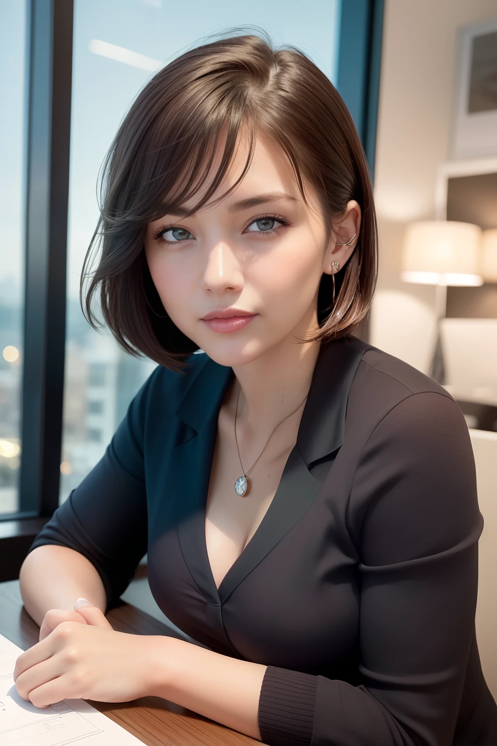 (8k, best quality, masterpiece:1.2), (realistic, photo-realistic:1.37), ultra-detailed, 1 girl,cute, solo,beautiful detailed sky,detailed office,night,sitting,(nose blush),(smile:1.15),(closed mouth) , medium breasts,beautiful detailed eyes,(collared shirt:1.1), night, wet,business attire, rain, (short hair:1.2), pureerosface_v1, computer, detail finger, beautiful detailed face,