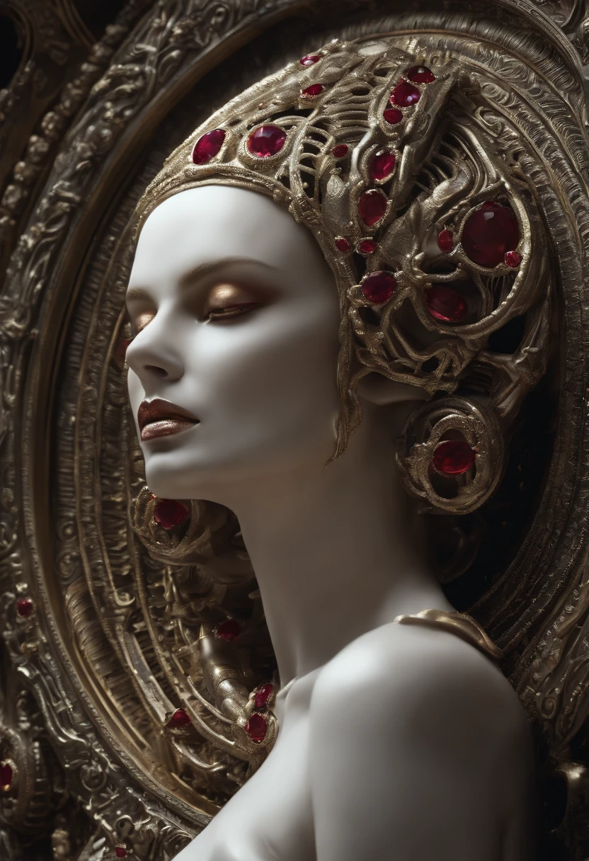 Create a 3D artwork of a celestial woman in a white dress adorned with (((intricately detailed rubies))). The artwork should embody the (((highest quality))), emphasizing (((extreme detail))) and a (((complex composition))). Incorporate a color palette that reflects a celestial aura, using soft blues, ethereal whites, and subtle gold accents. Ensure the composition exudes an otherworldly sense of beauty and tranquility. Draw inspiration from artists like (((H.R. Giger))), (((ZBrushCentral))), and (((Vitaly Bulgarov)))