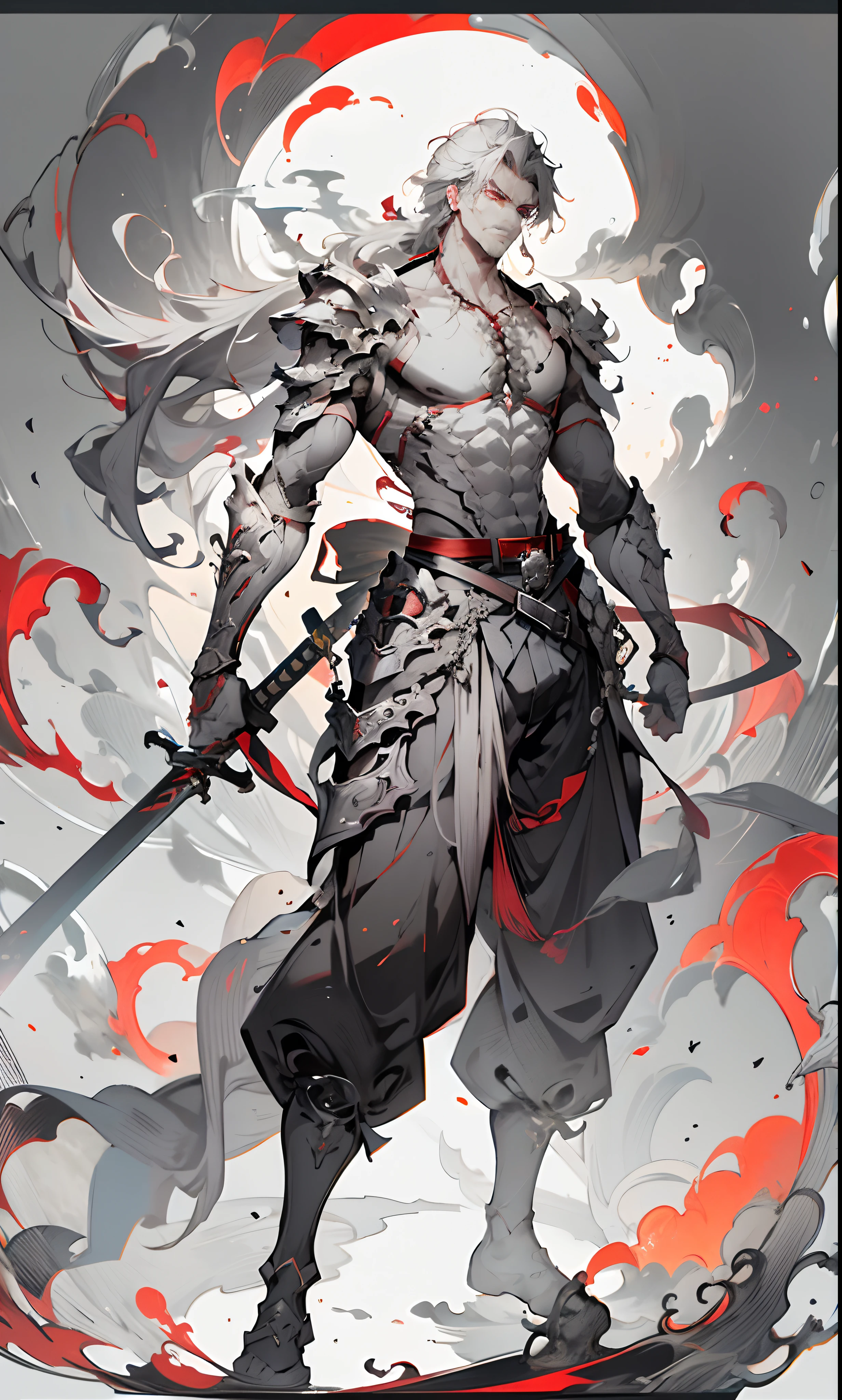 1boy, weapon, male focus, , long hair, , , holding sword, , , standing, armor, grey hair, sheath, pectorals, , belt, scabbard, shoulder armor, full body, smoke, facial hair, jewelry, pants, red eyes, , muscular, ,,
FH