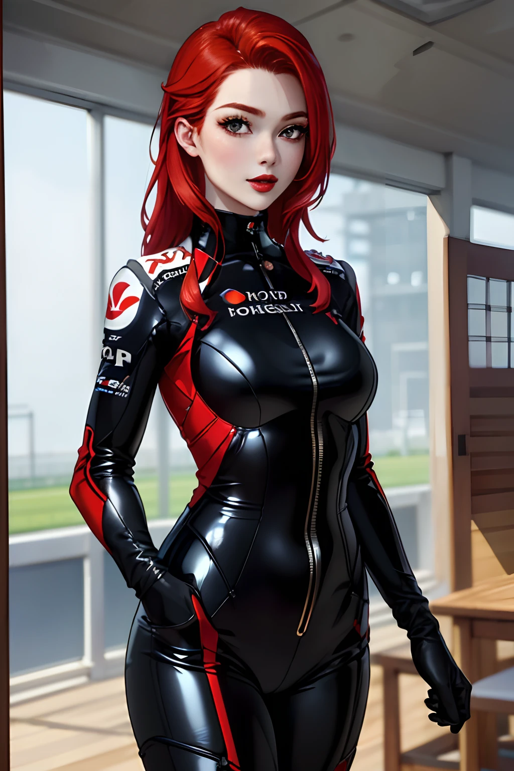 (masterpiece:1.4)、(top-quality:1.4)、
1girl in, F1's bewitching grid girl, Red-haired, looking at the viewers, 独奏 ,realisitic,(shinny skin),(masterpiece:1.4),(top-quality:1.4),red-lips、racing venue, bodysuit, thigh gap, perfect hands, perfect eyes