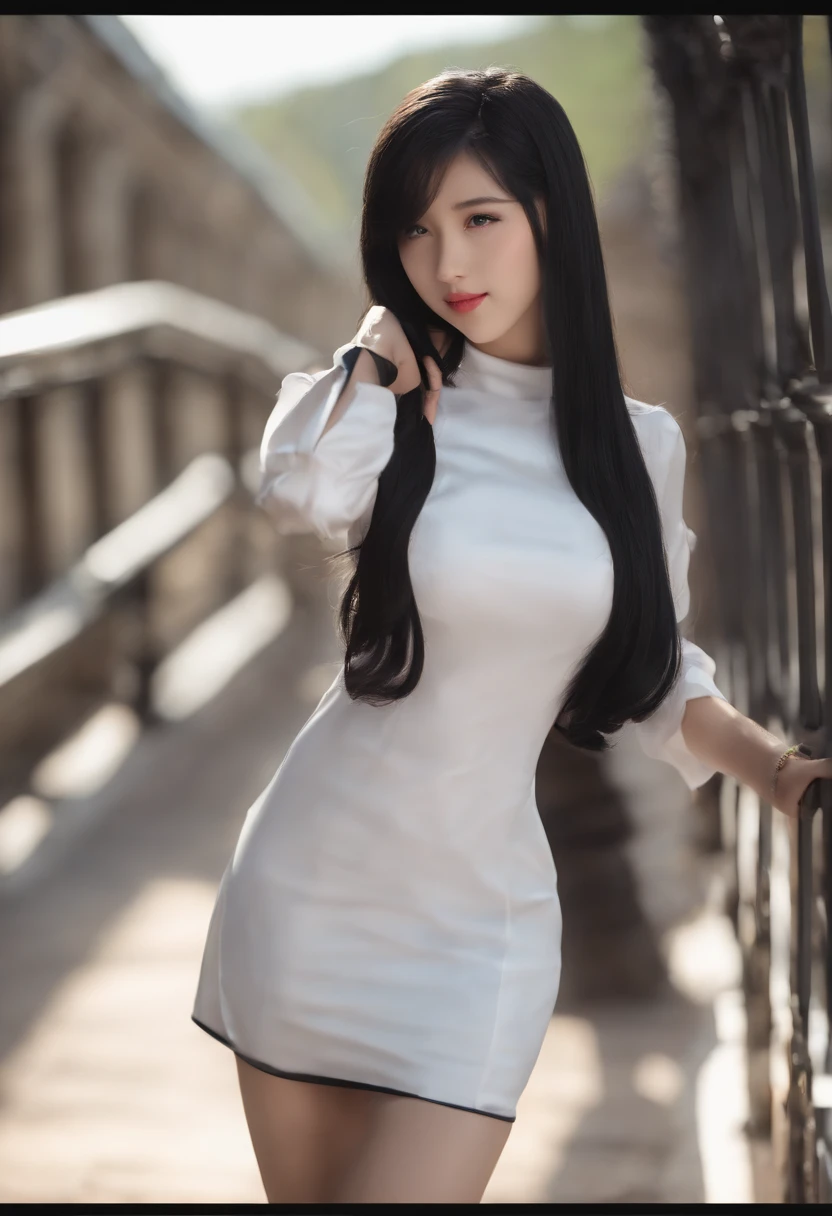 SECONDARY STUDENT , WOMEN, hot body , sexual body, big tits , long black soks,hight ,white short dress ,((masterpiece, best_quality)), 1girl, solo, black_hair, long_hair, ((full_body)),nudes