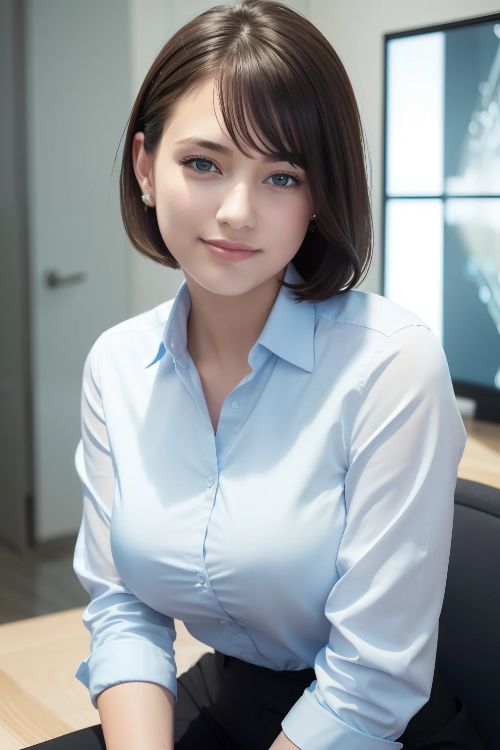 (8k, best quality, masterpiece:1.2), (realistic, photo-realistic:1.37), ultra-detailed, 1 girl,cute, solo,beautiful detailed sky,detailed office,night,sitting,(nose blush),(smile:1.15),(closed mouth) , medium breasts,beautiful detailed eyes,(collared shirt:1.1), night, wet,business attire, rain, (short hair:1.2), pureerosface_v1, computer, detail finger, beautiful detailed face,