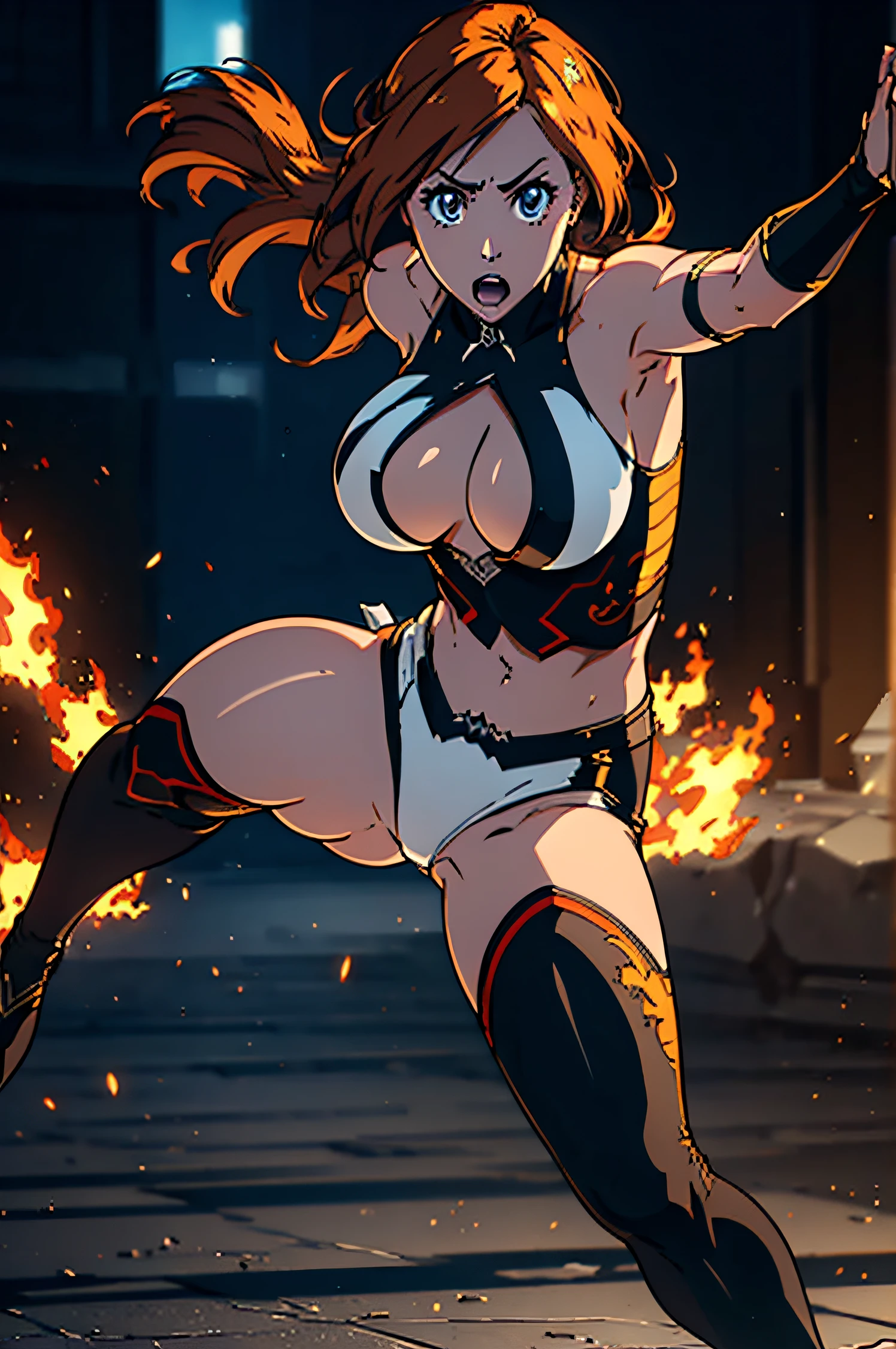 A superheroine wearing skimpy outfit, sleeveless, long hair, flying, wielding daggers, no cape, no mask, dynamic pose, 3d, (8k), detailed texture,(hyperdetailed), (photo realistic), cinematic light, cinematic action, highly detailed, realistic, Isometric, full body, in frame, driven expression, dark theme, (extremely detailed eyes), detailed symmetric realistic face, extremely detailed natural texture, masterpiece, extremely detailed, amazing, fine detail, rich colors, hyper realistic lifelike texture, dramatic lighting, unreal engine, trending on art station, photo realistic, RAW photo, high quality, high res, sharp focus, extremely detailed, cinematic lighting, 8k, high definition, cinematic, neoprene, unreal engine 5, ultra sharp focus