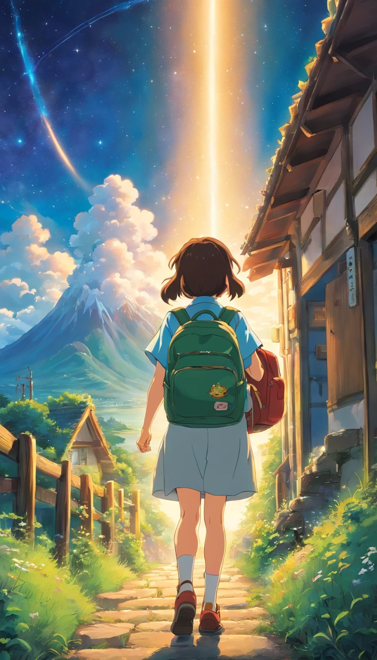 El vasto cielo estrellado, El hermoso horizonte, La vasta pradera, extremely tense and dramatic pictures, Los efectos visuales en movimiento, el Polaris de alto nivel, y luz natural colorida. Un top de manga larga, pantalones cortos de mezclilla, and a girl with a backpack, Camisa de manga larga, Mezclilla, And a child with a backpack, Dos manos, Besando, Una pareja, Koi, Beso de labios.