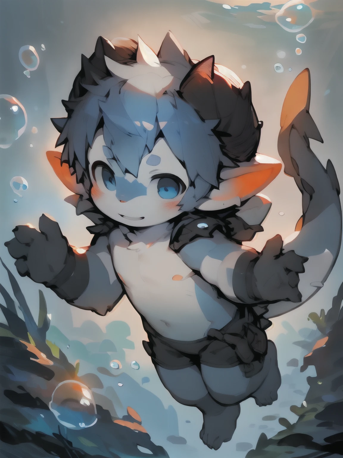 Super high resolution, detailed background, Kemoshota, red eyes, drooling, short hair, solo, looking at viewer, reaching, dappled sunlight, mysterious shadows, standing, best quality, masterpiece, ((zero gravity, weightlessness, flying, floating in the air)),((arbor)) ,wonderland,((tropical fish, flock of tropical fish, colorful tropical fish, underwater, in the sea, school of fish, seaweed, jellyfish,), (((Deep sea background )))),Visual impact, naked, hands down, looking up, smile, happy