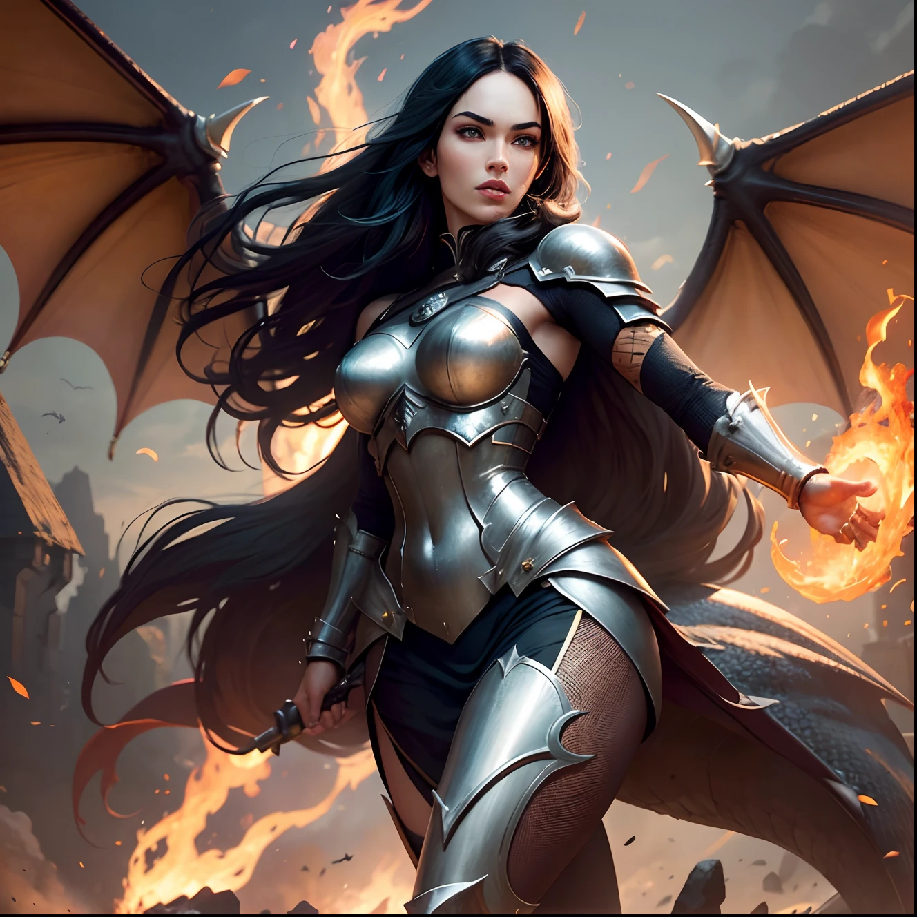 Lady Knight,eyes glowing,Ride on a giant monster, Ride monsters, Detailed pictures of the girl's facial features,Epic fantasy digital art style, epic fantasy sci fi illustration, Epic fantasy art style, Epic fantasy art style HD, epic full color illustration, inspired by Aleksi Briclot, riding a cyborg raptor, epic fantasy card game art, Epic fantasy style art, epic fantasy illustration, epic rpg artwork