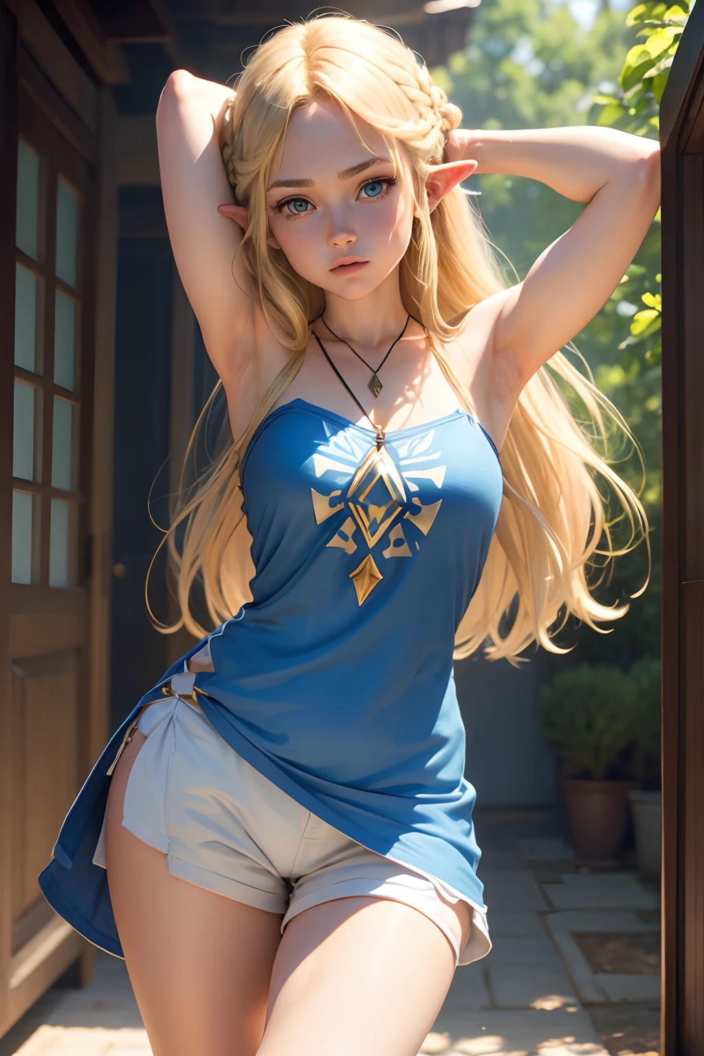 Zelda, shorts hair, Blonde hair, armpit, shorts dress, blue eyes, Big legs, aer cats