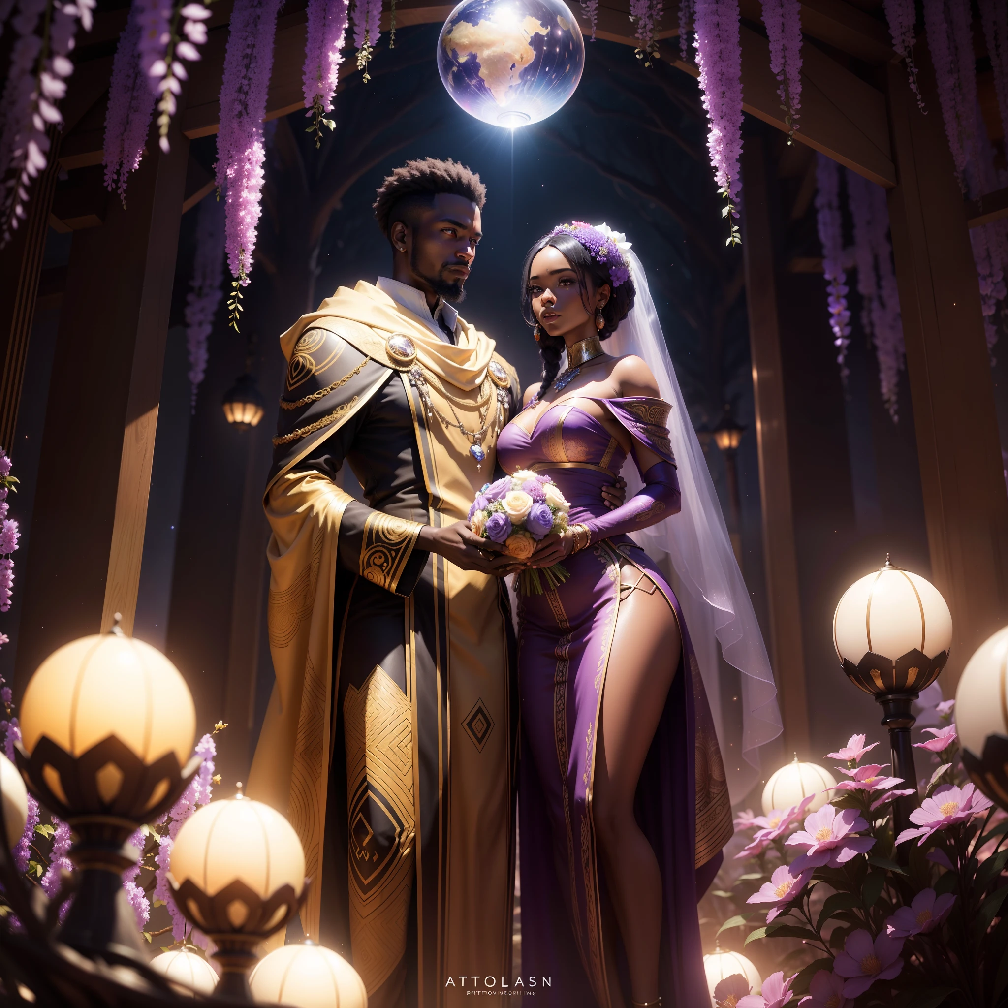 African man wedding African woman with congregation watching them, all wearing African traditional clothes in an African futuristic Exo planet, standing under a glistening wisteria tree with diamond flowers and petals, dark area with people sitting on futuristic glowing sphere marbles watching the wedding, night time with the glowing spheres providing light,  with iridescent light, photorealistic image, 32k, ultra HD, cinematic lighting, artgerm style, highly detailed images, vibrant and beautiful colours,