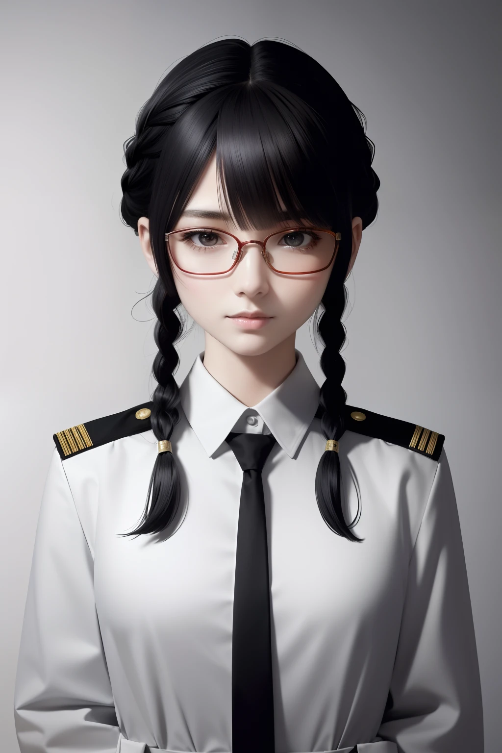 Cinematic poster,Anime Reference 86 ,Science fiction,scientific fiction,movie,War Action Movies,Multiple characters,Women,Adults,Black hair,(Pia Bangs Hairstyles : 1.8 ),Wearing red glasses,General's Uniform,White Commander Uniform,Realistic face details,Realism,3D Face,((Braided hairstyle)),((Braided hairstyle)),