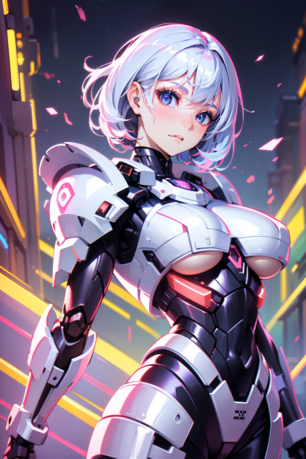 (masterpiece), (best quality), 8k resolution, 1girl, Asian girl, stunning beauty, perfect face, mature female, 20yo, sexy, mecha, jump, exoskeleton, detailed armor, red armor, underboob, short hair, white hair