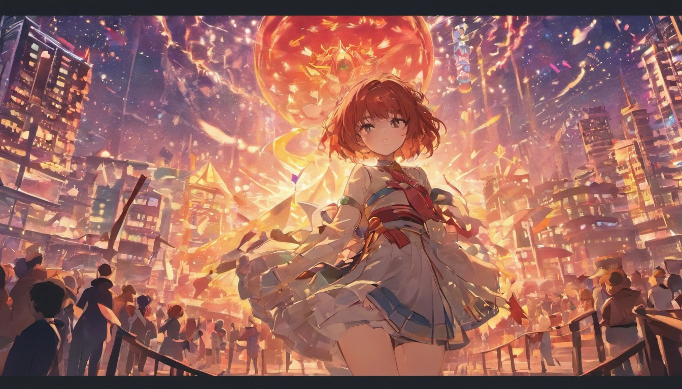 ((Masterpiece)), (Best quality),, offcial art, Extremely detailed Cg Unity 8K wallpaper, Highly detailed, Shiny skin, Depth of field, vivd colour,, 1girll, (Curvy:0.4), (full bodyesbian:0.6),, Short hair, bangs, Red eyes, Skirt, view the viewer, Night, street, neonlight, Looking back, Star (sky), crowd, Upper body,