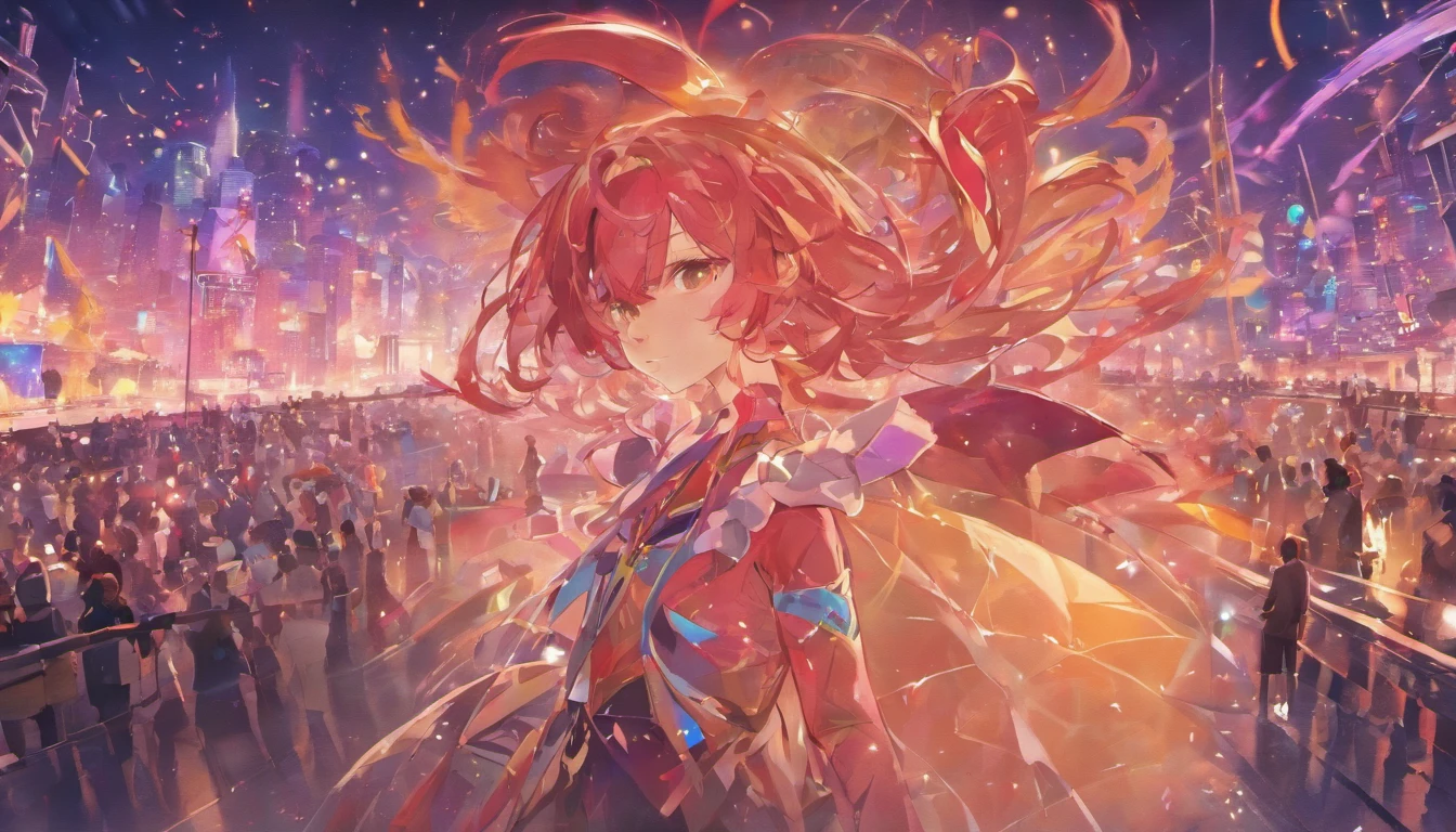 ((Masterpiece)), (Best quality),, offcial art, Extremely detailed Cg Unity 8K wallpaper, Highly detailed, Shiny skin, Depth of field, vivd colour,, 1girll, (Curvy:0.4), (full bodyesbian:0.6),, Short hair, bangs, Red eyes, Skirt, view the viewer, Night, street, neonlight, Looking back, Star (sky), crowd, Upper body,