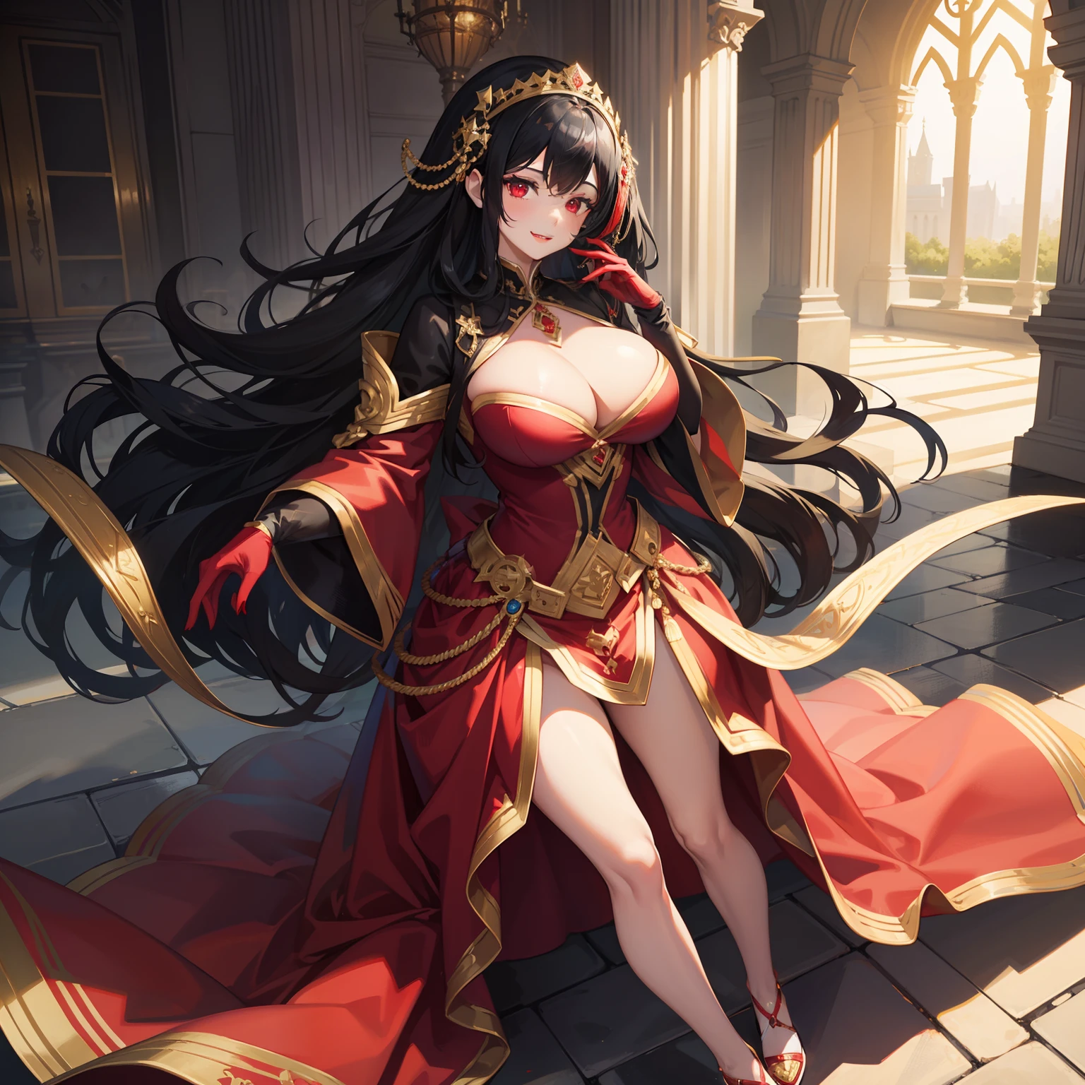 Black hair, red eyes, royal girl, cute girl, (big tits), smile, lipstick, beautiful dress, baleautiful gloves, royal dress, fullbody, at castle