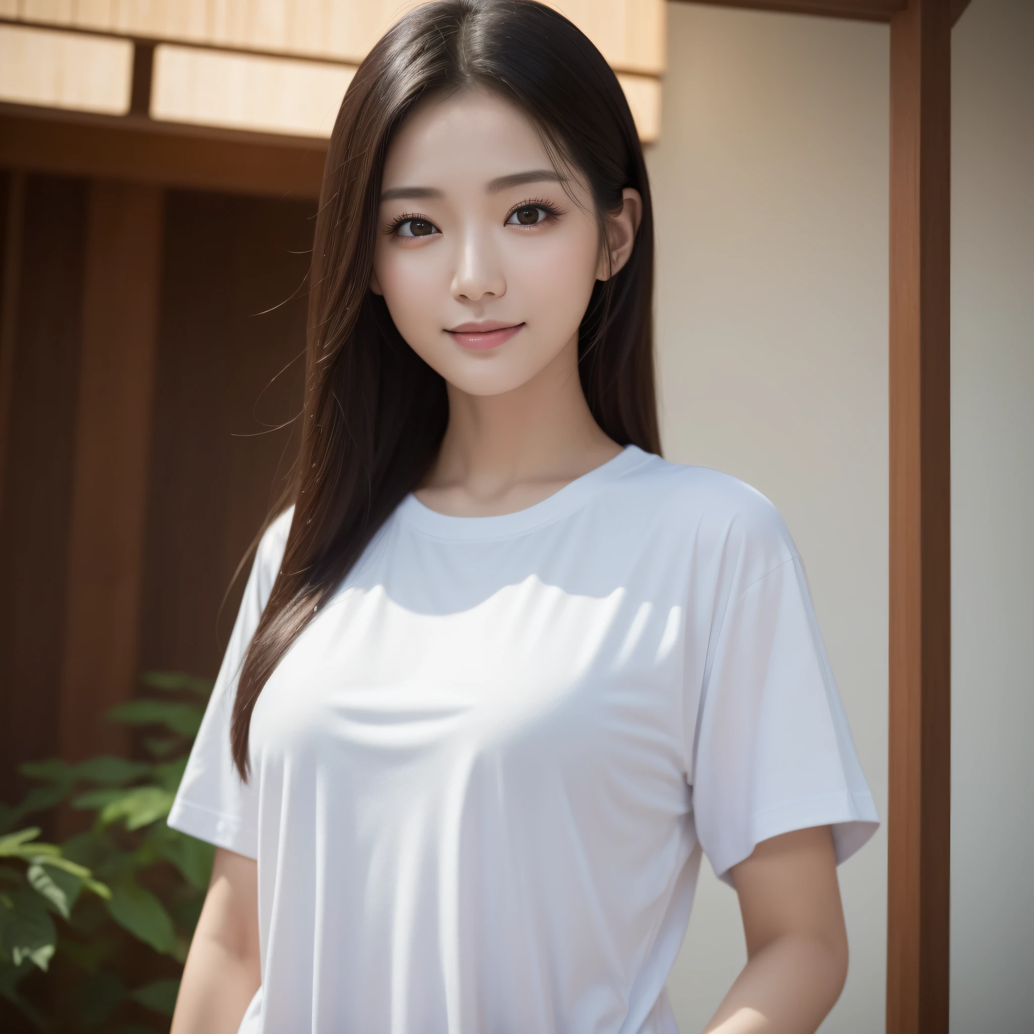 One lady、((best qualtiy、8k masterpieces:1.3))、foco nítido:1.2、(ultra beautiful faces:1.0)、(shinny skin:1.0)、photos realistic、A dark-haired、Video Lighting、High-definition eyes and face、Video Lighting、Japan actress with Korean-style makeup、from the front side、medium breasts、Smile、Slender Abs Beauty、Whole body、wearing t-shirts、At the shrine in the early morning