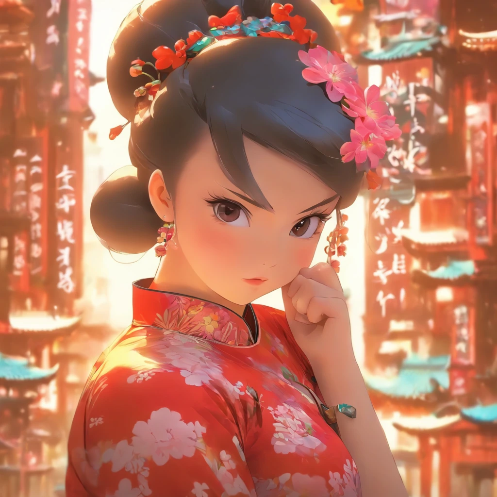 vivd colour， 16k， hyper HD， High-density imaging review 10， （tmasterpiece：1. 5）， absurderes， （best qualtiy：1. 5），A little girl，Hold your arms，Frowning，Staring at you angrily，Pouting angrily，Floral half-sleeved cheongsam，Cute fat girl，A ball head