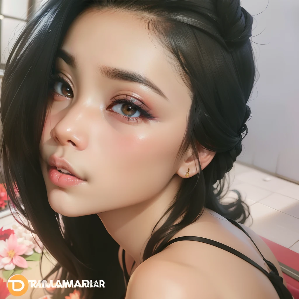 kualitas terbaik, mahakarya, gadis, Rambut hitam, mata gelap, rumah, matahari bersinar, kulit berkilau, suar matahari