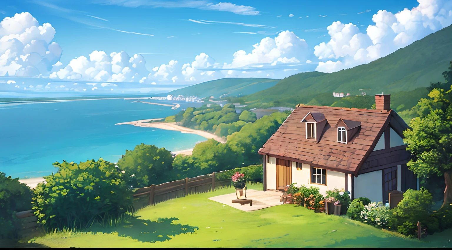 Seaside cottage, Clouds, Trees near the cottage, Comfortable scene