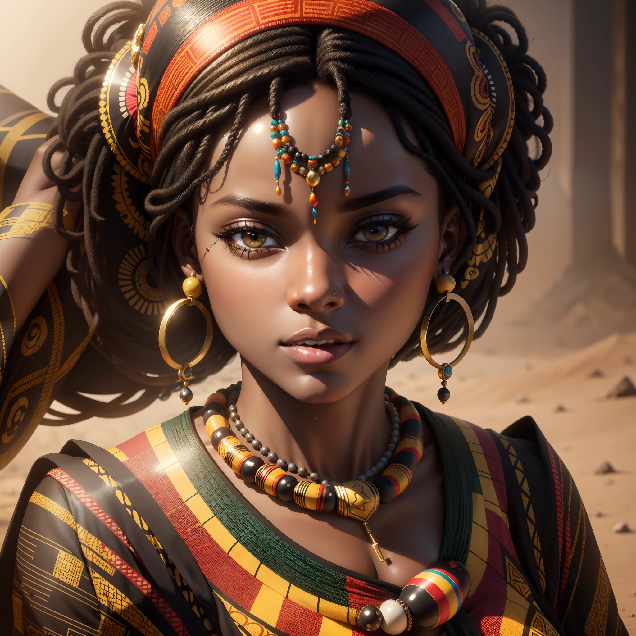 creates a very realistic multicolor vector image of the face of a black woman wearing African designed clothes and beads, with a beautiful face, ultra HD, unreal engine rendered, cinematic lighting,