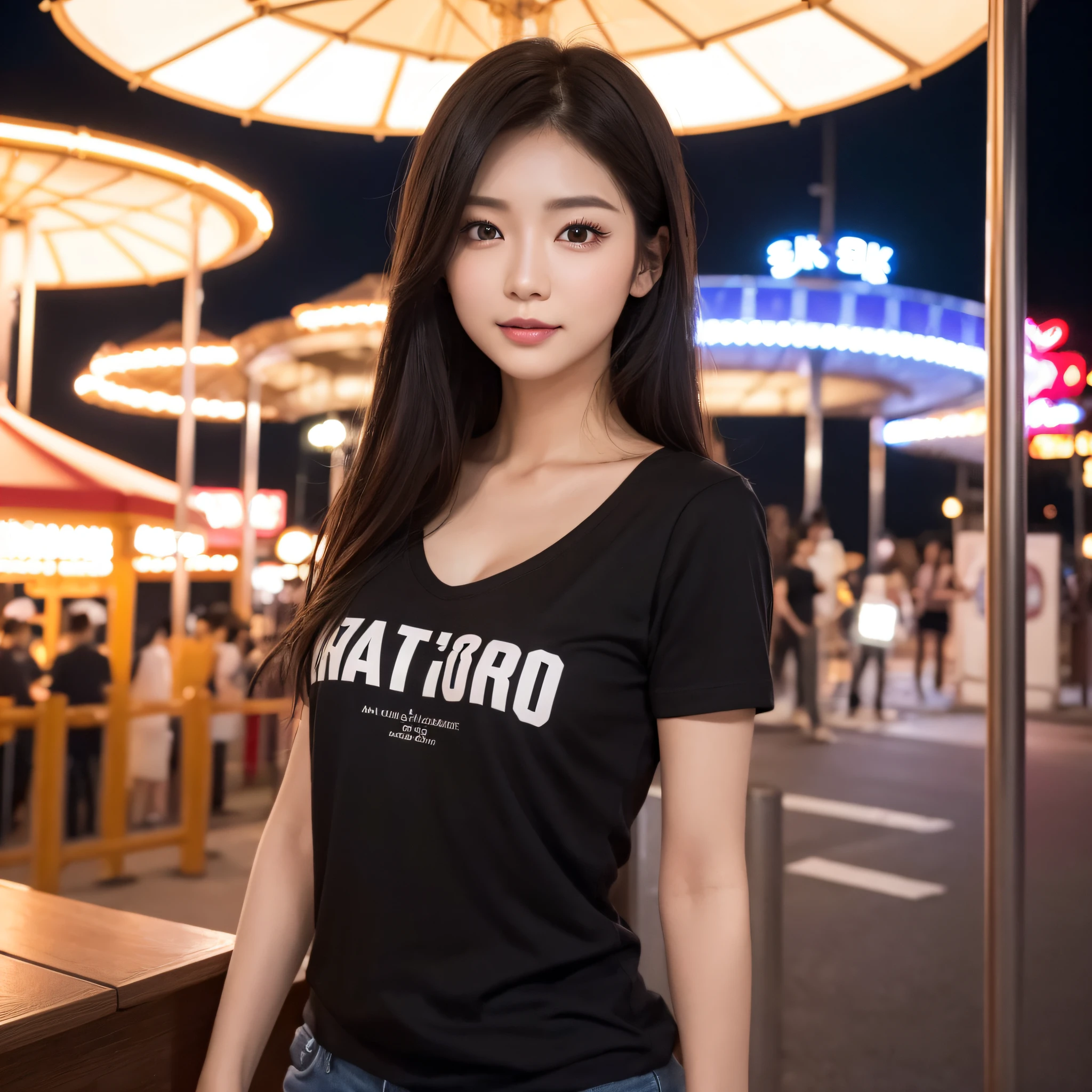 (One lady)、((best qualtiy、8k masterpieces:1.3))、foco nítido:1.2、(ultra beautiful faces:1.0)、(shinny skin:1.0)、photos realistic、A dark-haired、Video Lighting、High-definition eyes and face、Video Lighting、Japan actress with Korean-style makeup、from the front side、medium breasts、ssmile、Slender Abs Beauty、Whole body、wearing t-shirts、At the night amusement park