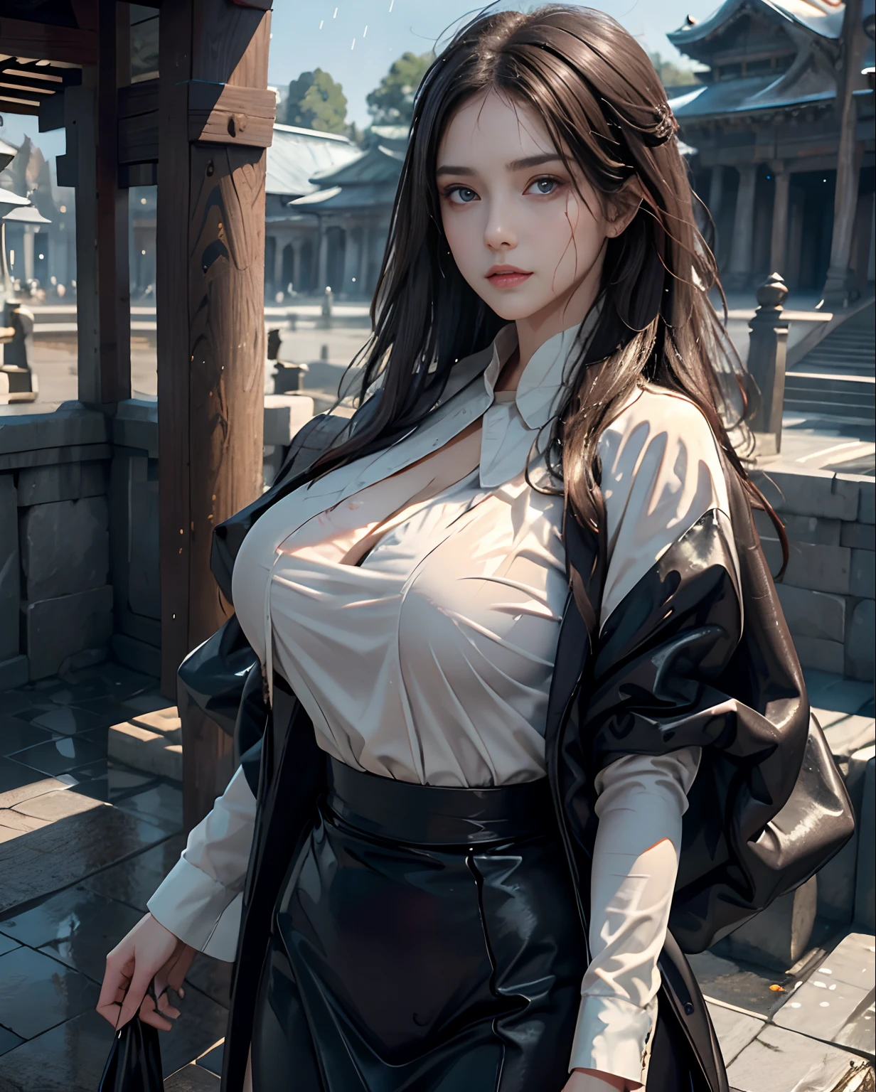 Best quality masterpiece girl hair long brown dark blue eyes  HD 40K high definition absurd details faces with many details , detailed_eye, face, detailed eyes,  wet in the rain wet clothes wet outfit nun her covering her breasts from shame face of shame Surprise face shame, huge boobs, temple sensualidad, full body