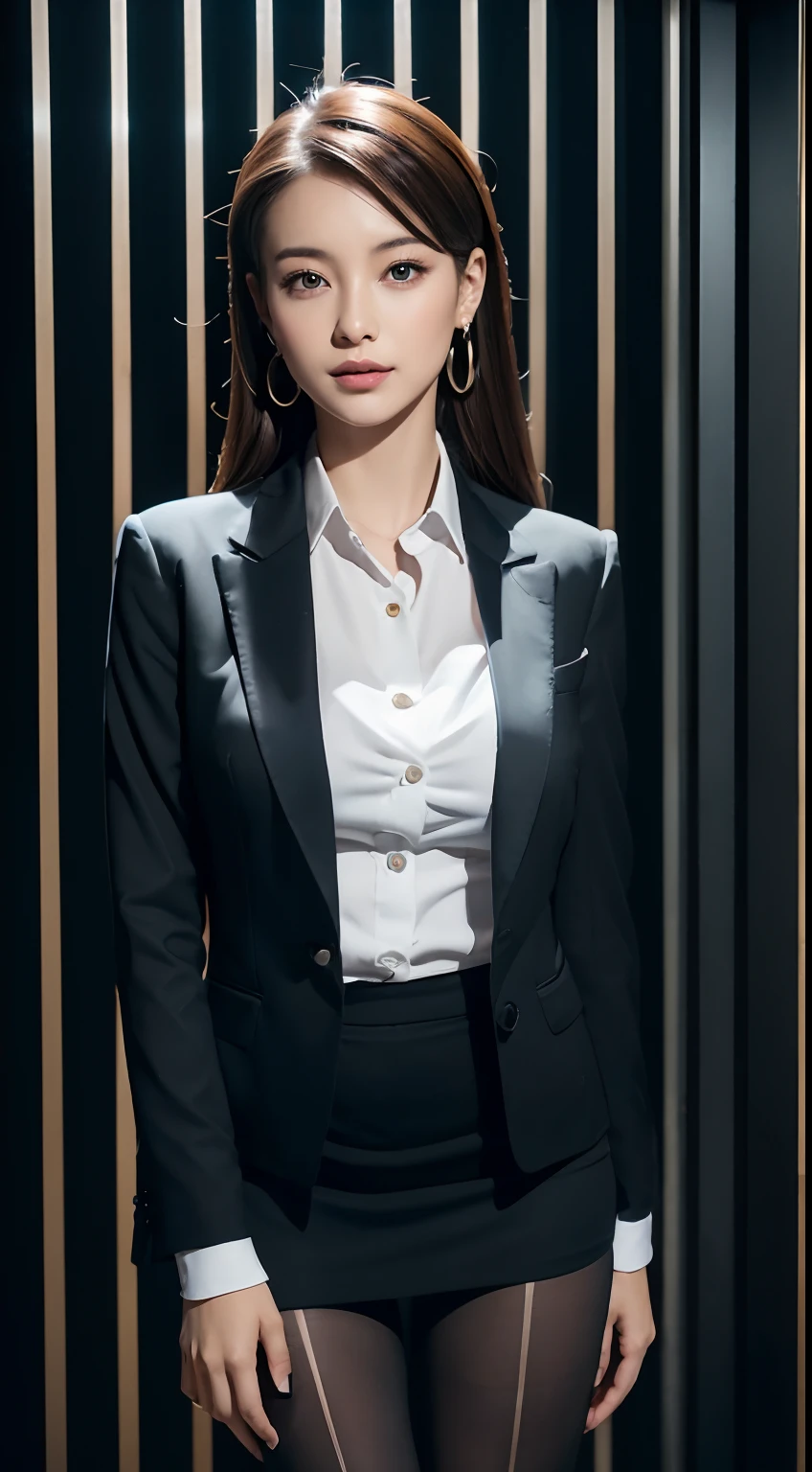 Classy upper-class elite secretary in business shirt, working in an office、Wearing a strict business suit, Wearing pantyhose、Wear high-end high heels、 Girl in a shirt, Wearing a business suit, Wearing a business suit, in a business suit, businesswoman, business clothes, wearing black business suit, Wear shirts and skirts, Woman in business suit, Business attire, business outfit, Raw photo, (8K、top-quality、​masterpiece:1.2)、(intricate detailes:1.4)、(Photorealsitic:1.4)、octane renderings、Complex 3D rendering ultra detail, Studio Soft Light, Rim Lights, vibrant detail, super detailing, realistic skin textures, Detail Face, Beautiful detail eyes, Very detailed CG Unity 16k wallpaper, make - up, (detailedbackground:1.2), Exposed thighs!!!,