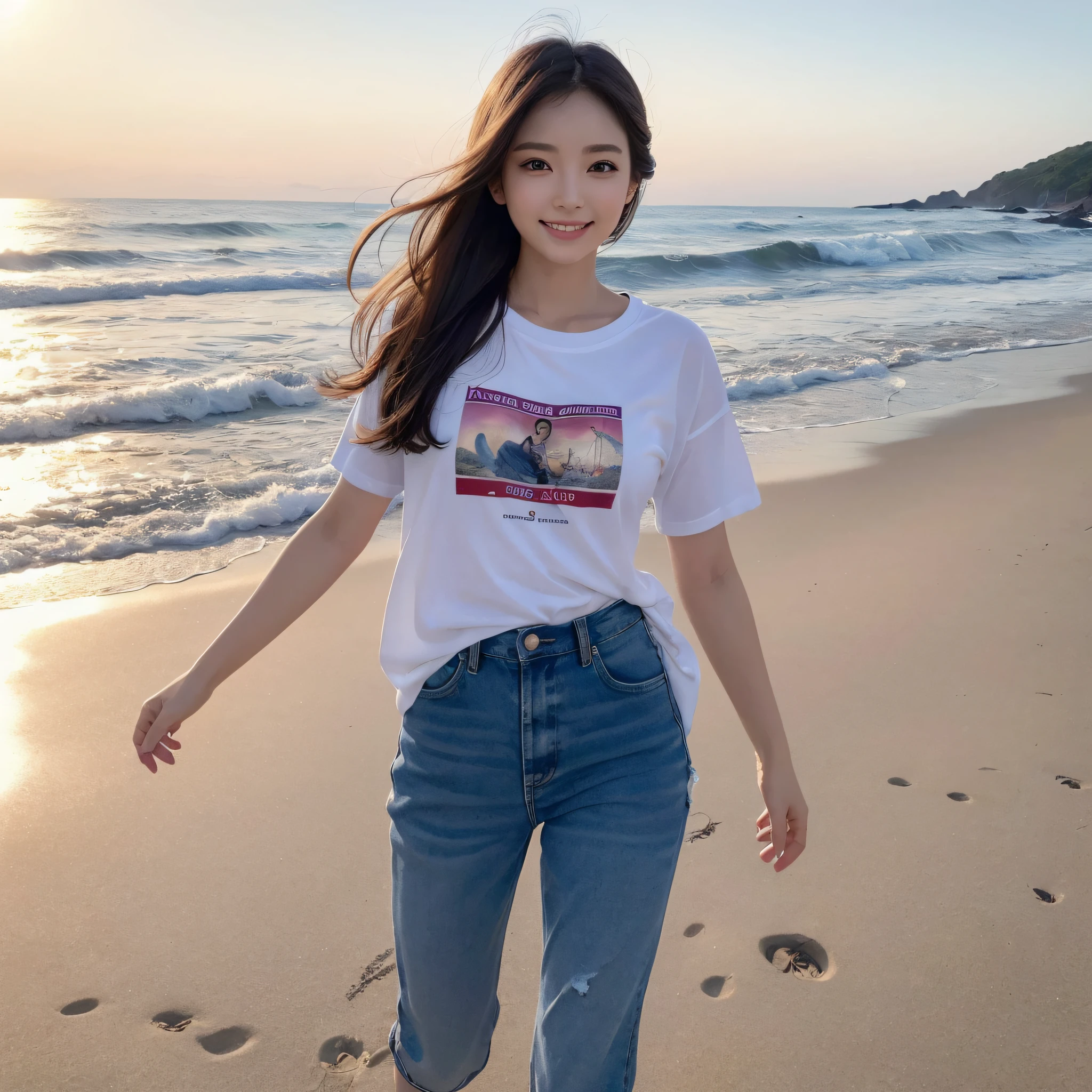 One lady、((best qualtiy、8k masterpieces:1.3))、foco nítido:1.2、(ultra beautiful faces:1.0)、(shinny skin:1.0)、photos realistic、A dark-haired、Video Lighting、High-definition eyes and face、Video Lighting、Japan actress with Korean-style makeup、from the front side、medium breasts、Smile、Slender Abs Beauty、Whole body、wearing t-shirts、On the beach in the morning